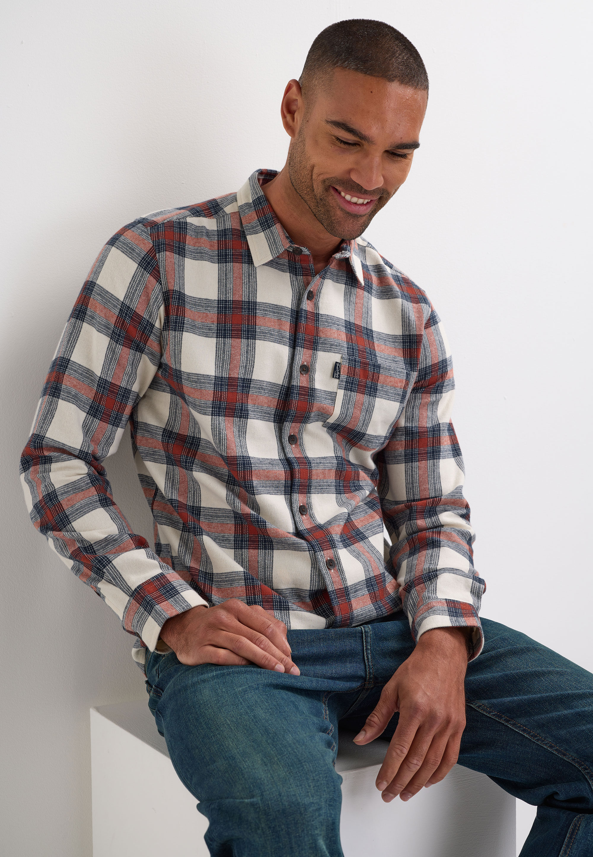 Mens Ecru Check Flannel Long Sleeve Shirt