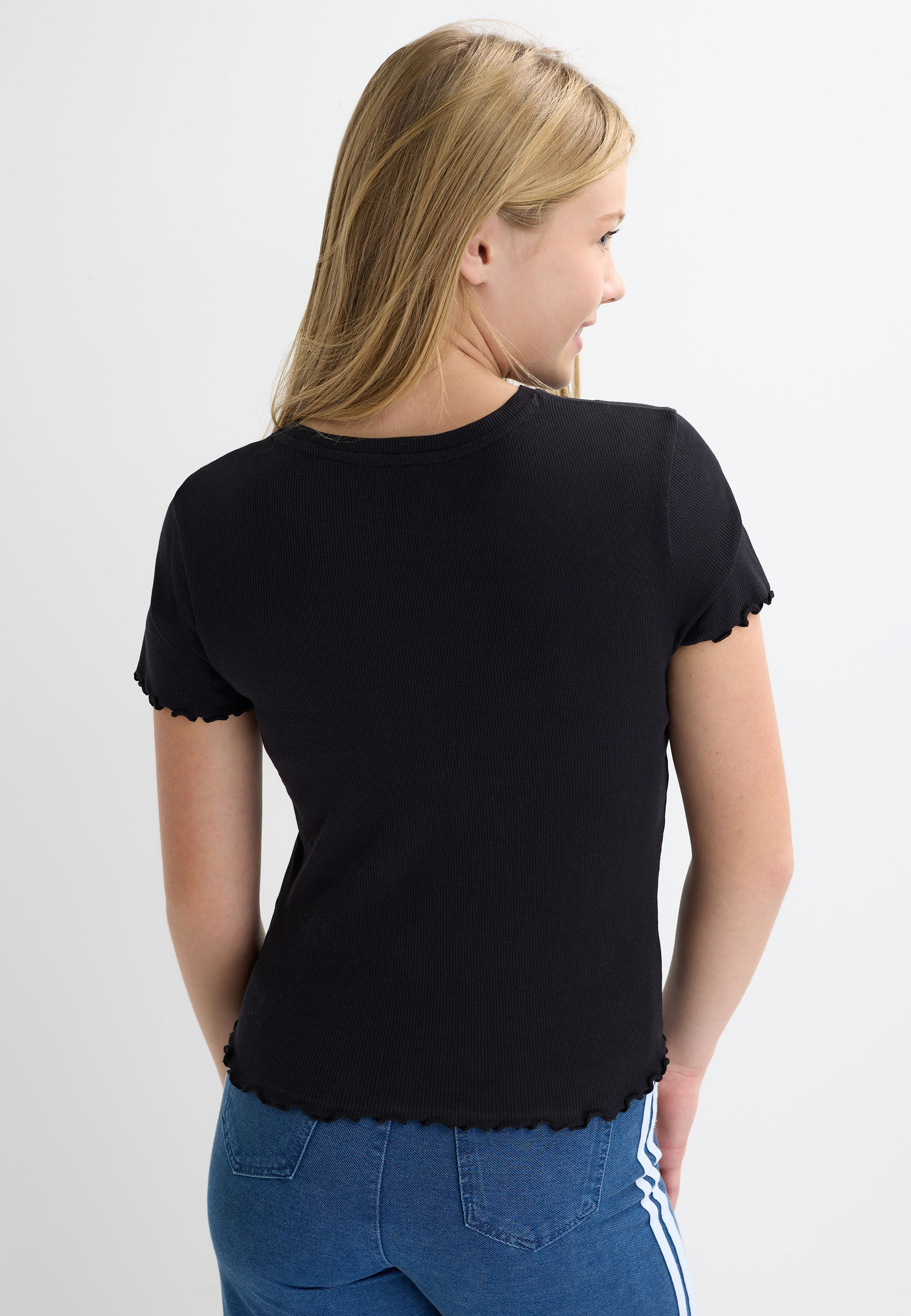 Older Girls Black Frill Trim Top