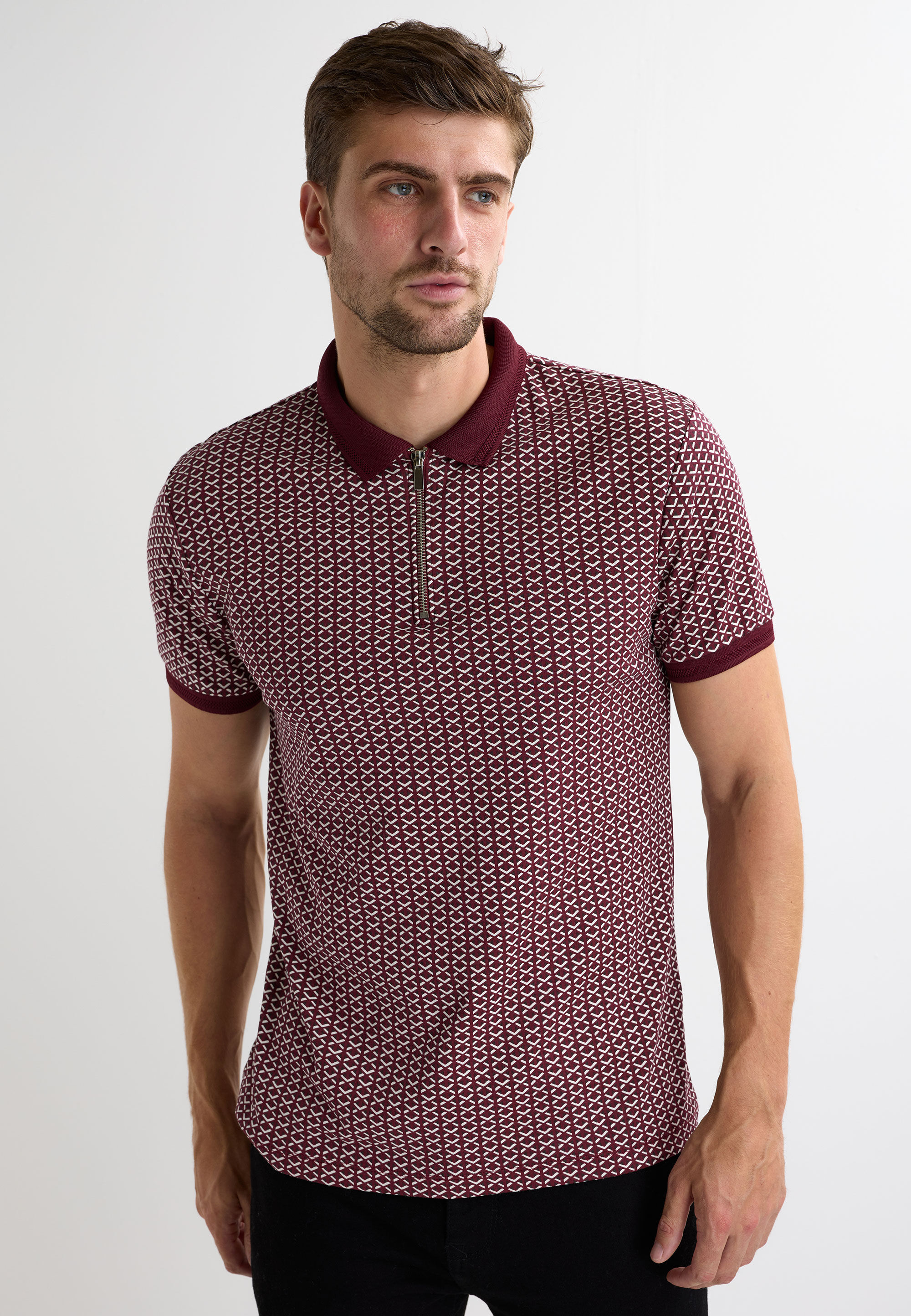 Mens Burgundy Geo Print Quarter Zip Polo Shirt