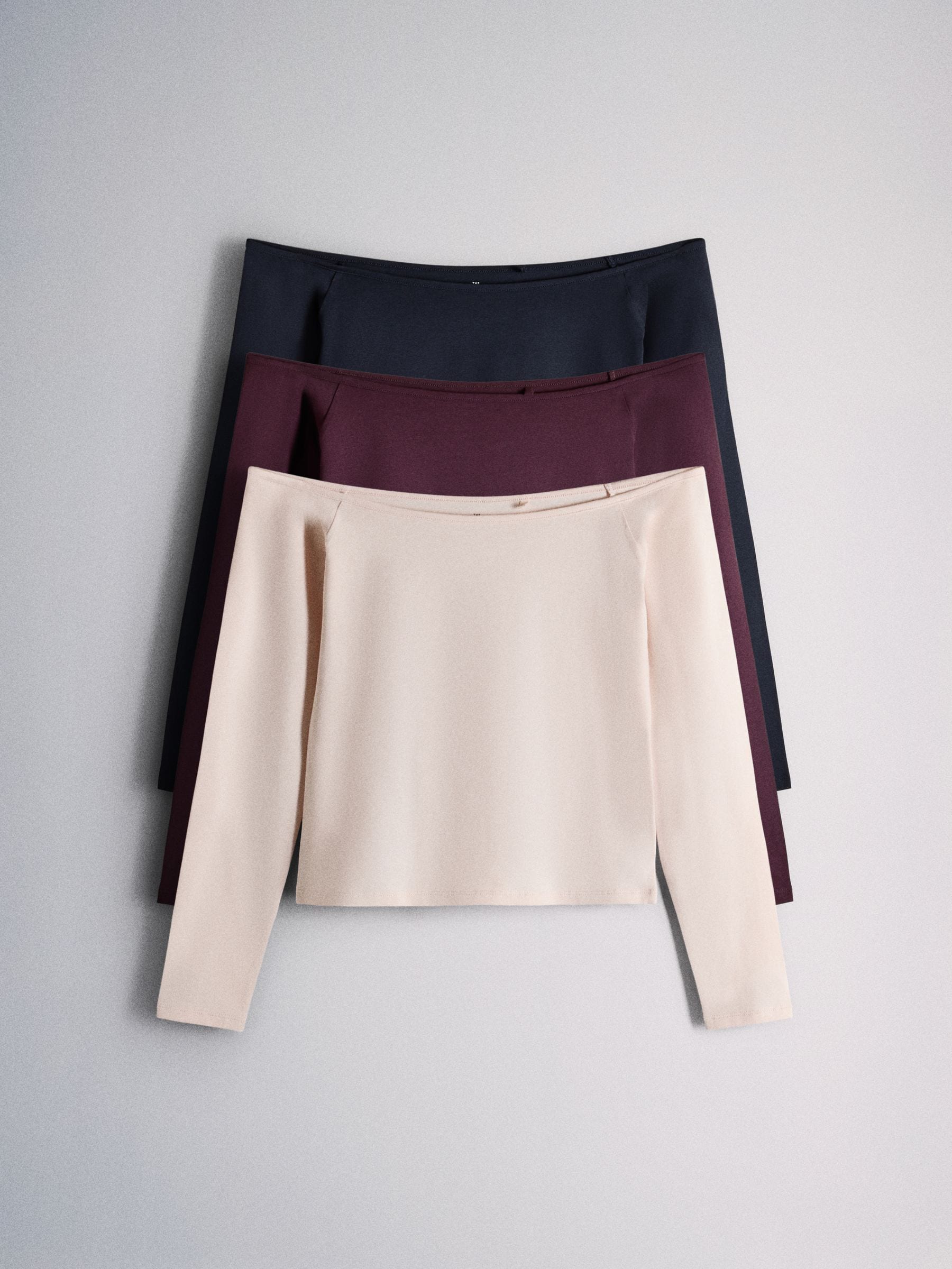 The Set 3 Pack Bardot Off Shoulder Tops - Navy/Plum Red/Light Pink - Regular - SIP Still Life