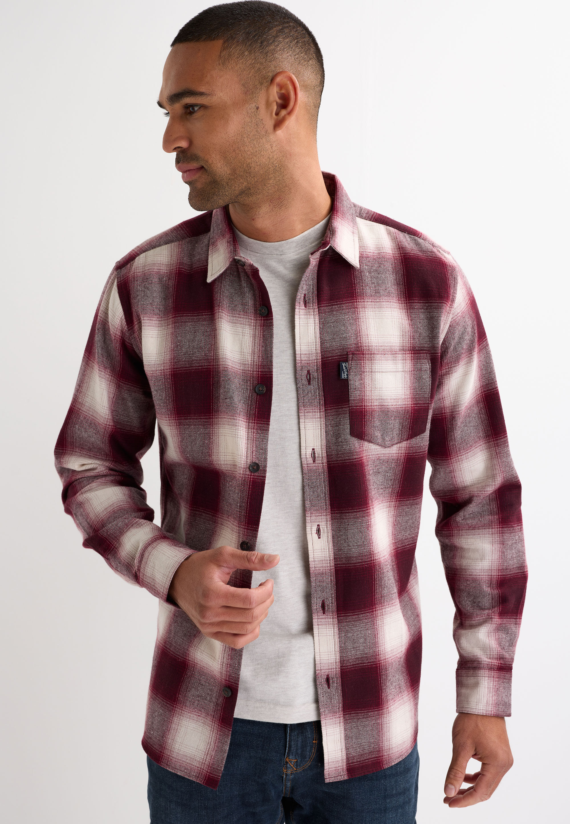 Mens Burgundy Check Flannel Long Sleeve Shirt