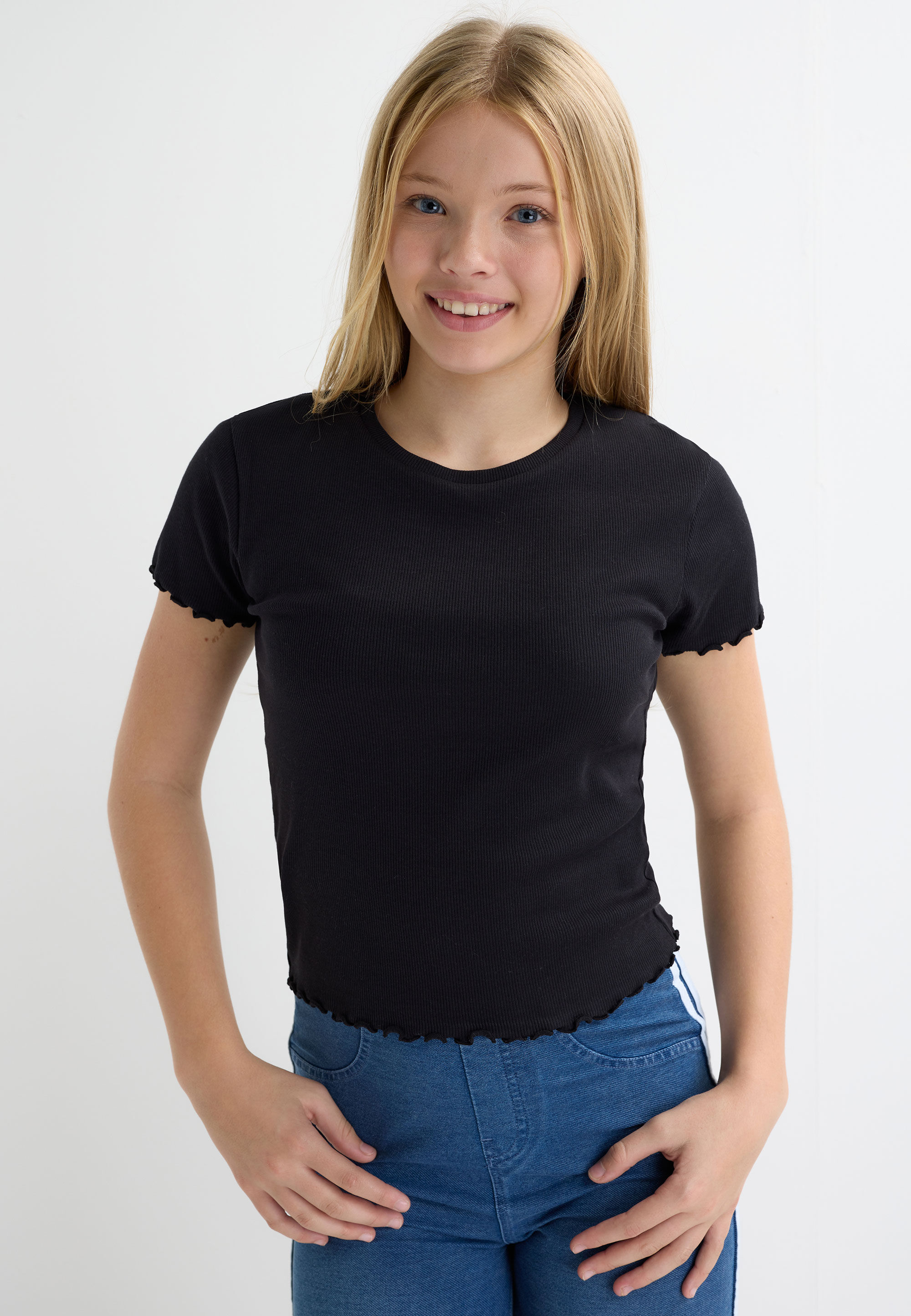Older Girls Black Frill Trim Top