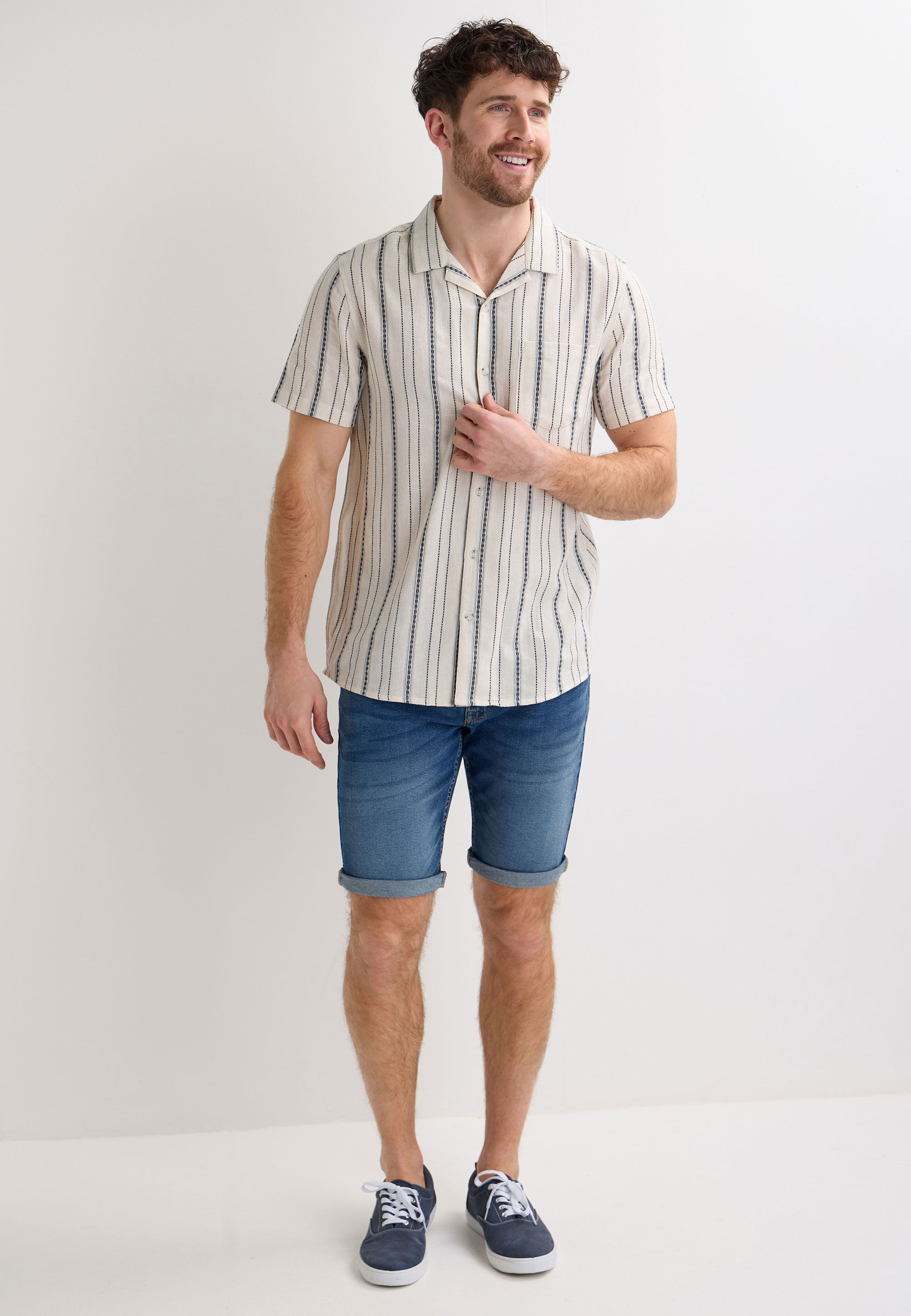 Mens Ecru Stripe Dobby Short Sleeve Shirt