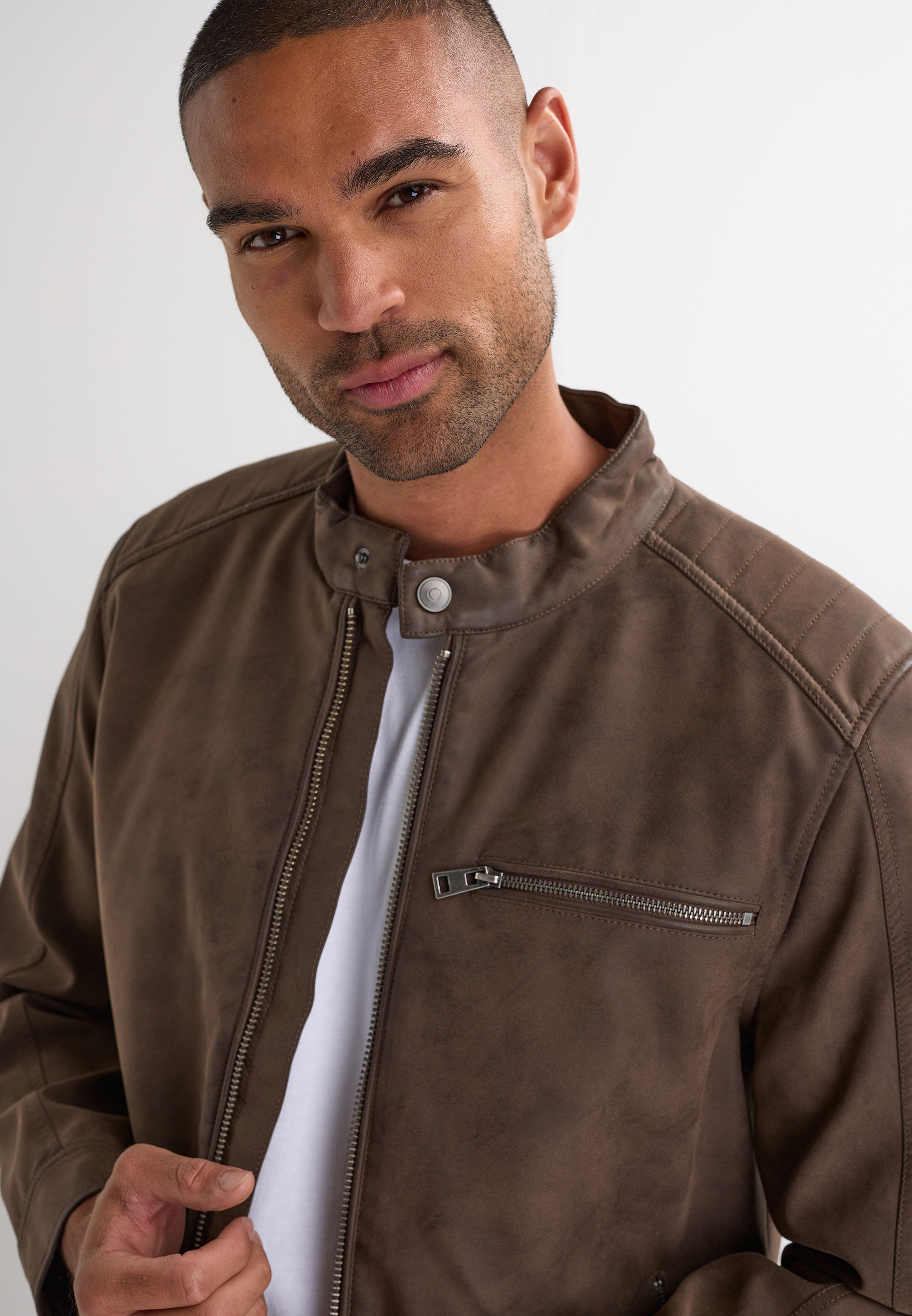 Mens Brown Suedette Biker Jacket