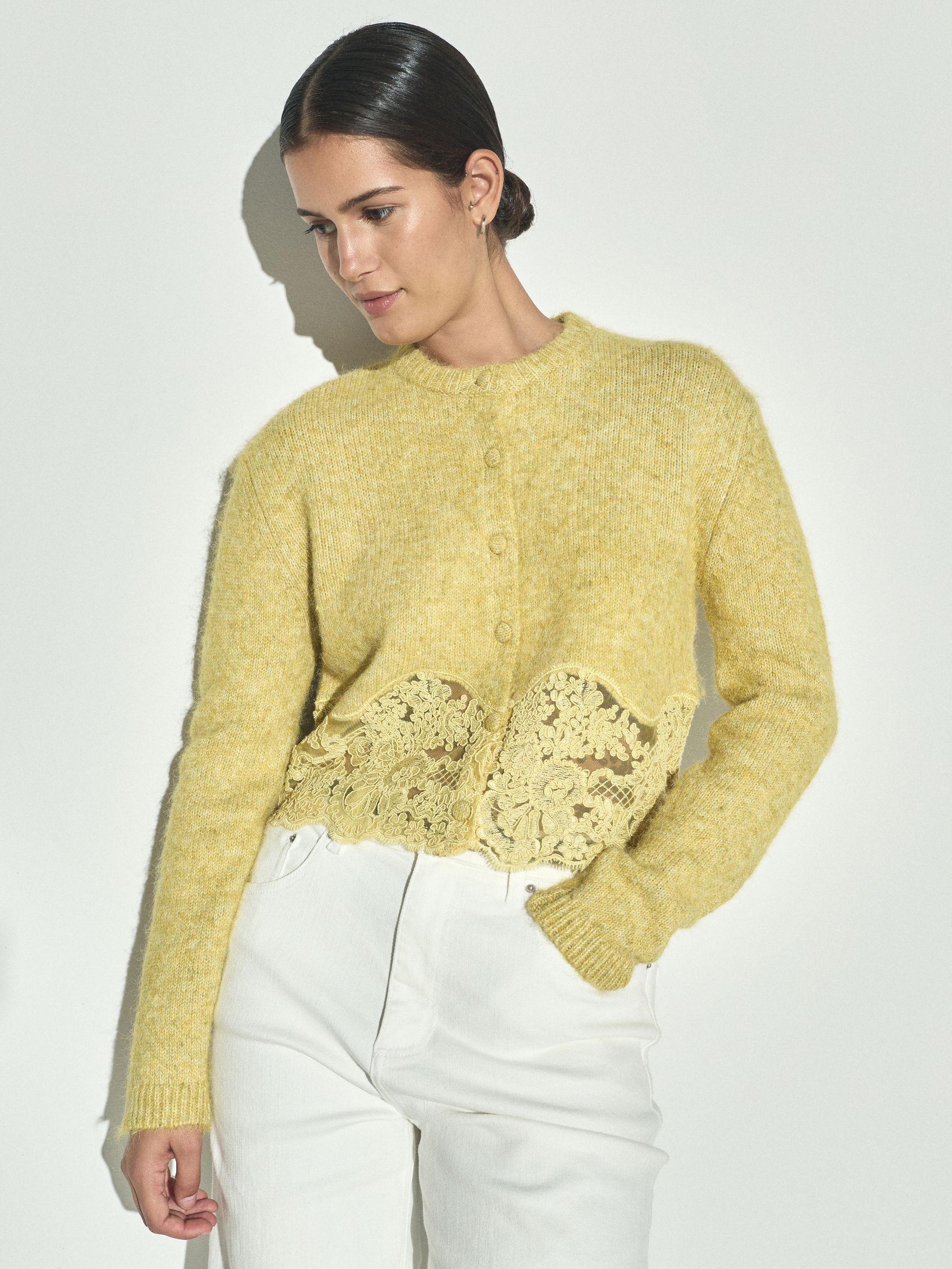 Lace Trim Long Sleeve Knit Cardigan - Yellow - Regular - SIP Worn
