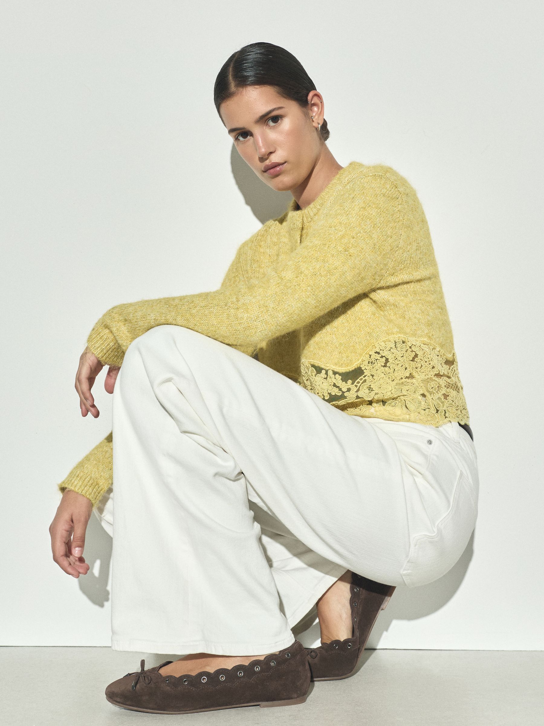 Lace Trim Long Sleeve Knit Cardigan - Yellow - Regular - SIP Worn