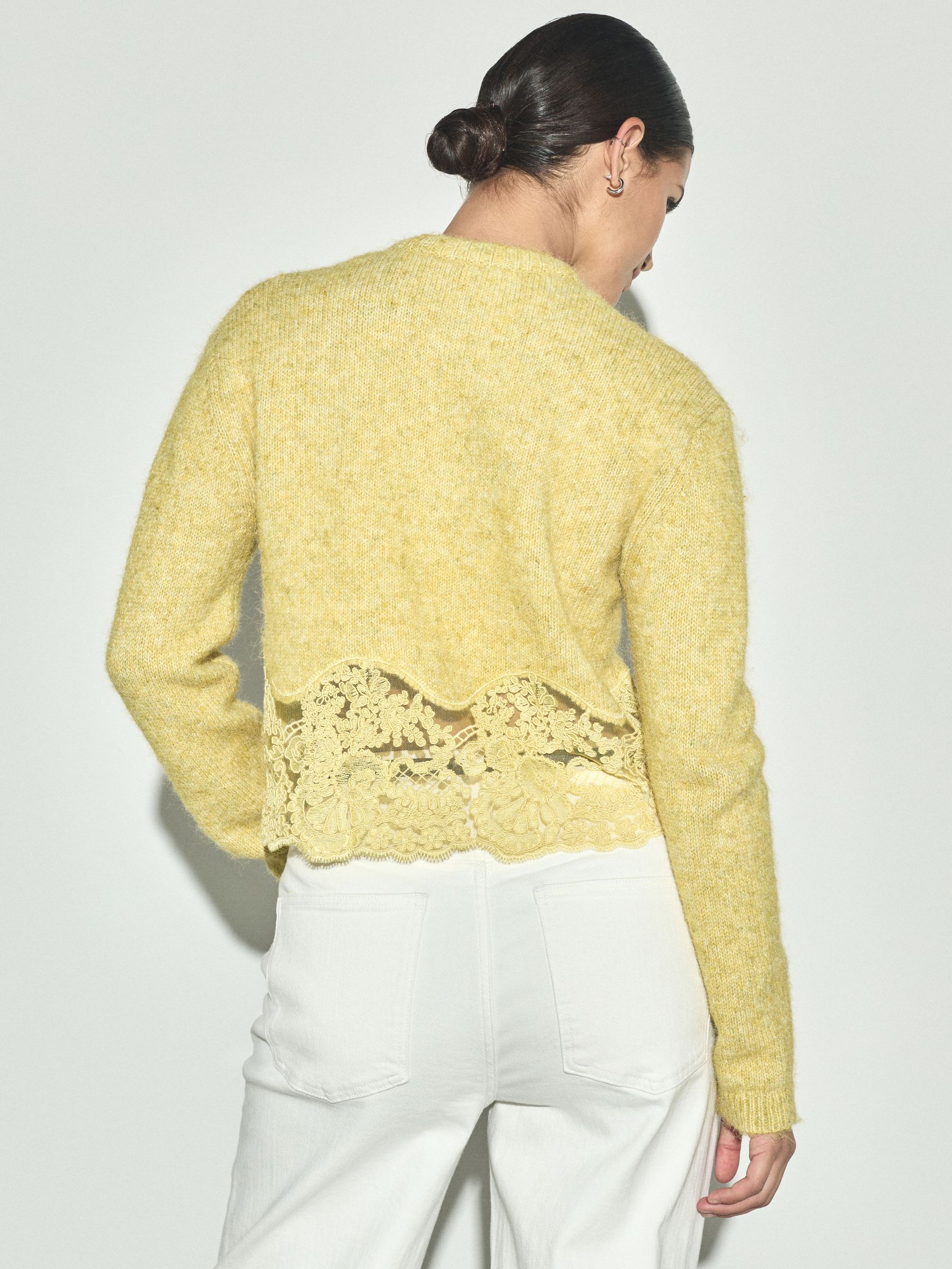 Lace Trim Long Sleeve Knit Cardigan - Yellow - Regular - SIP Worn
