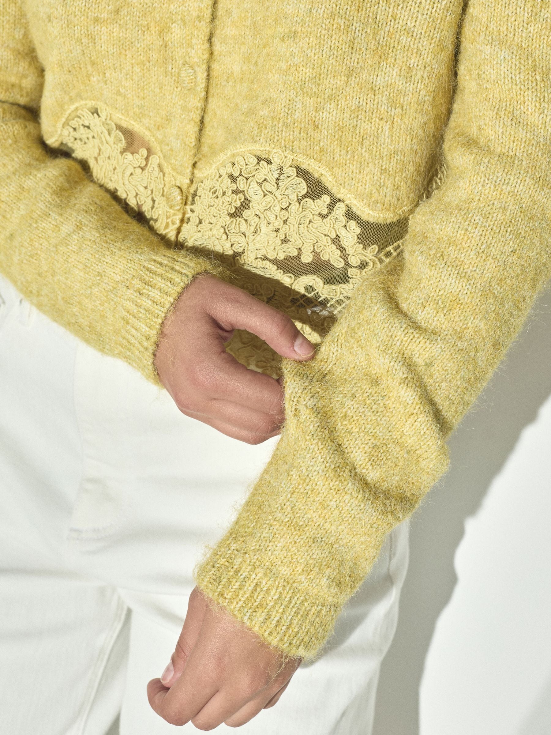 Lace Trim Long Sleeve Knit Cardigan - Yellow - Regular - SIP Worn