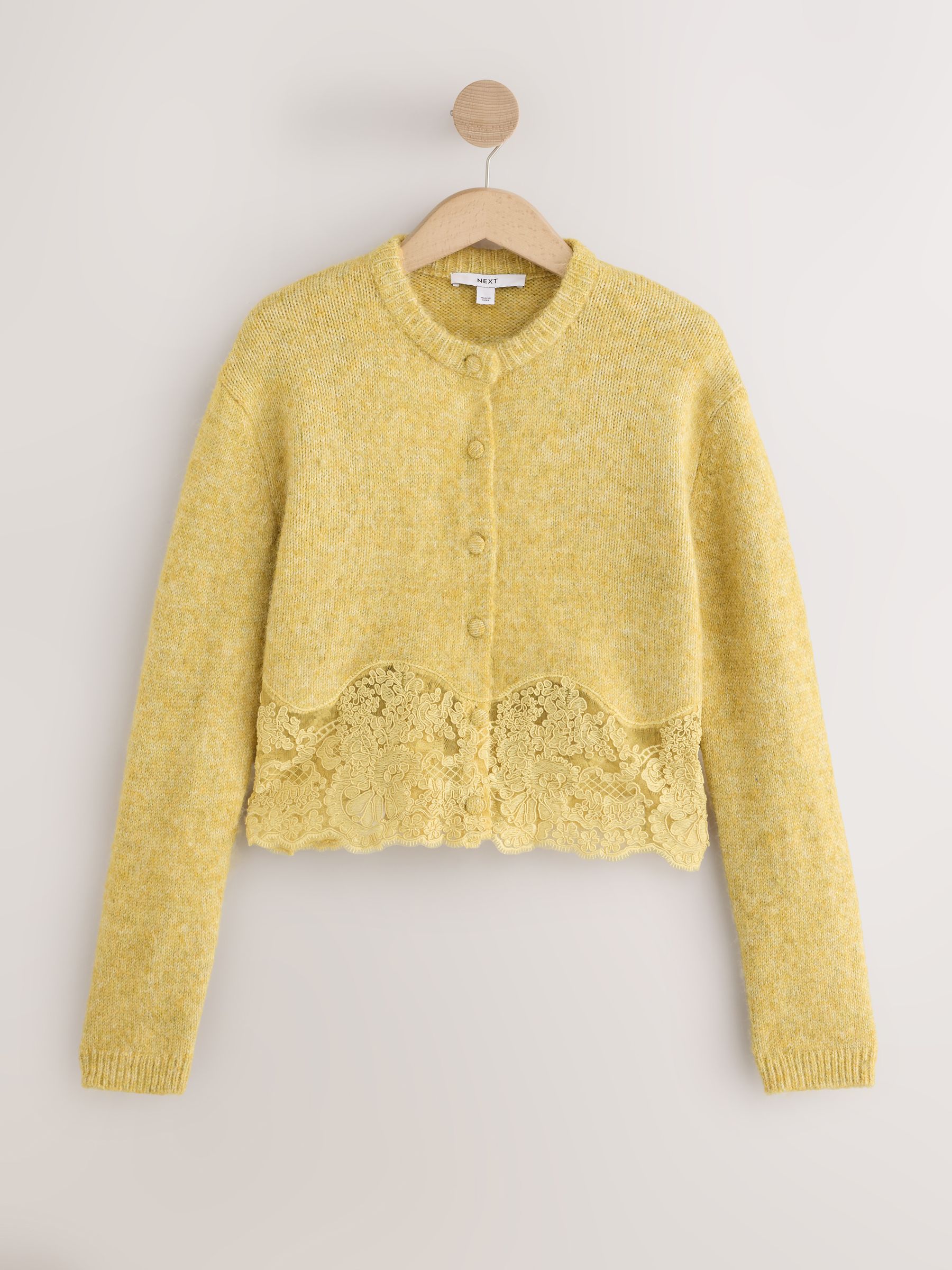 Lace Trim Long Sleeve Knit Cardigan - Yellow - Regular - SIP Still Life