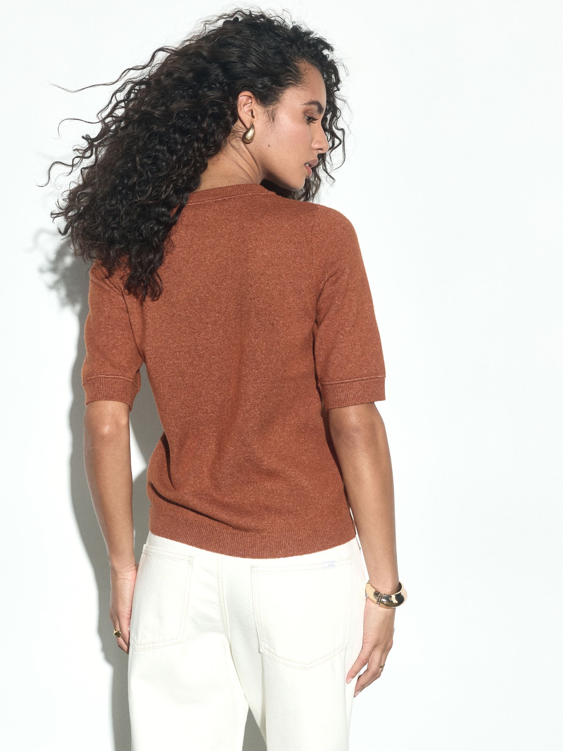 Supersoft Short Sleeve Knitted T-Shirt - Brown - Regular - SIP Worn