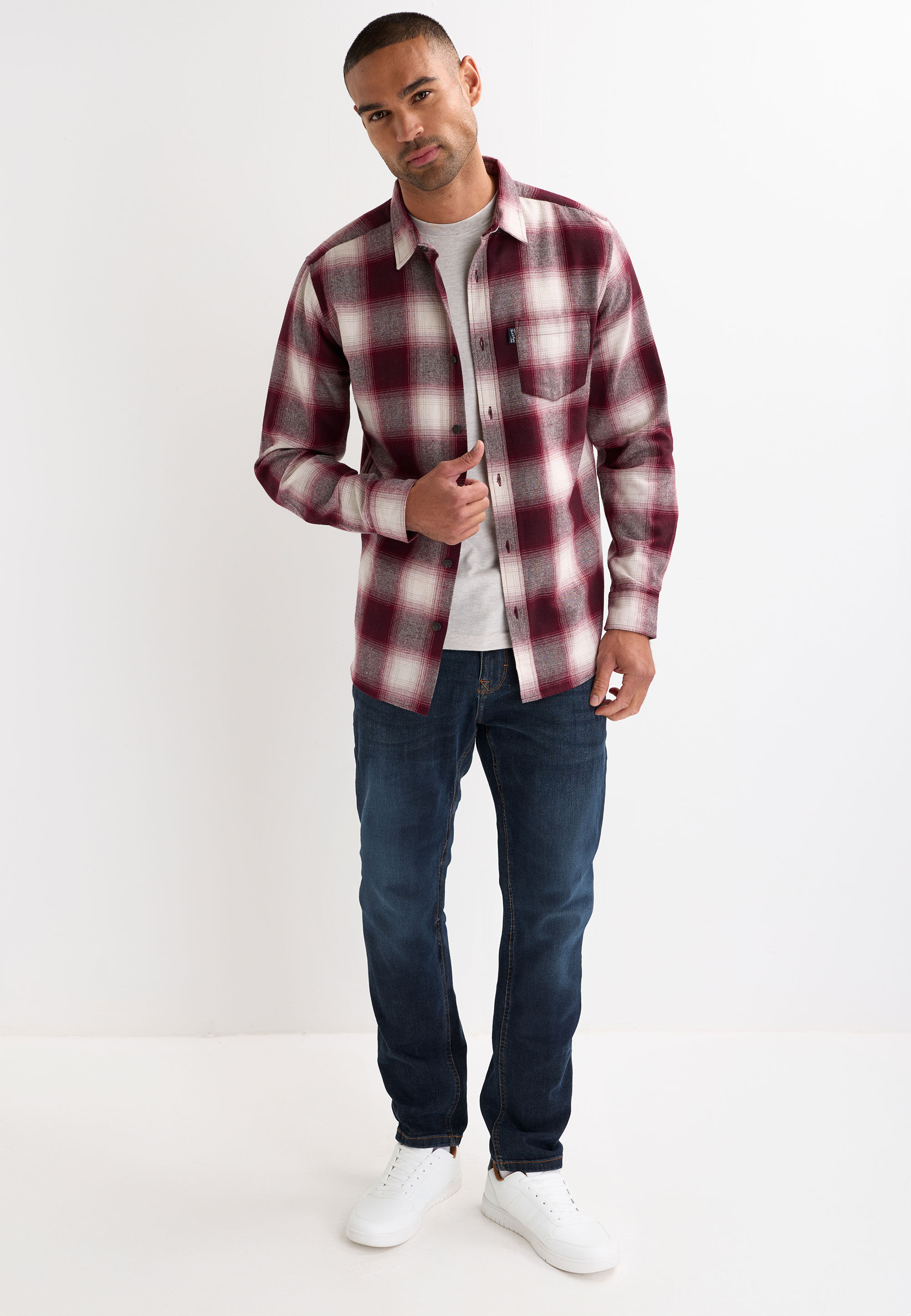 Mens Burgundy Check Flannel Long Sleeve Shirt