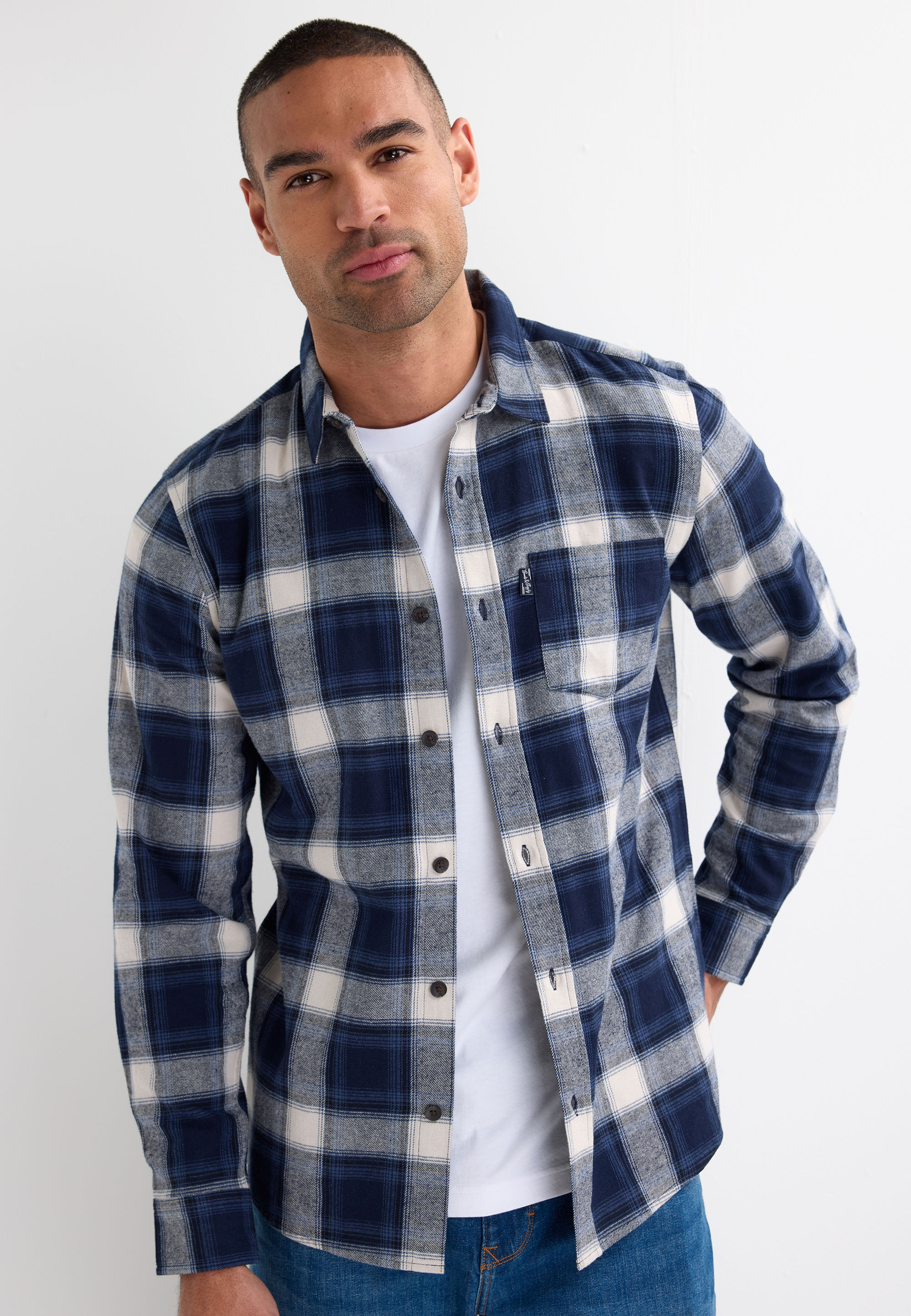 Mens Navy Check Flannel Long Sleeve Shirt