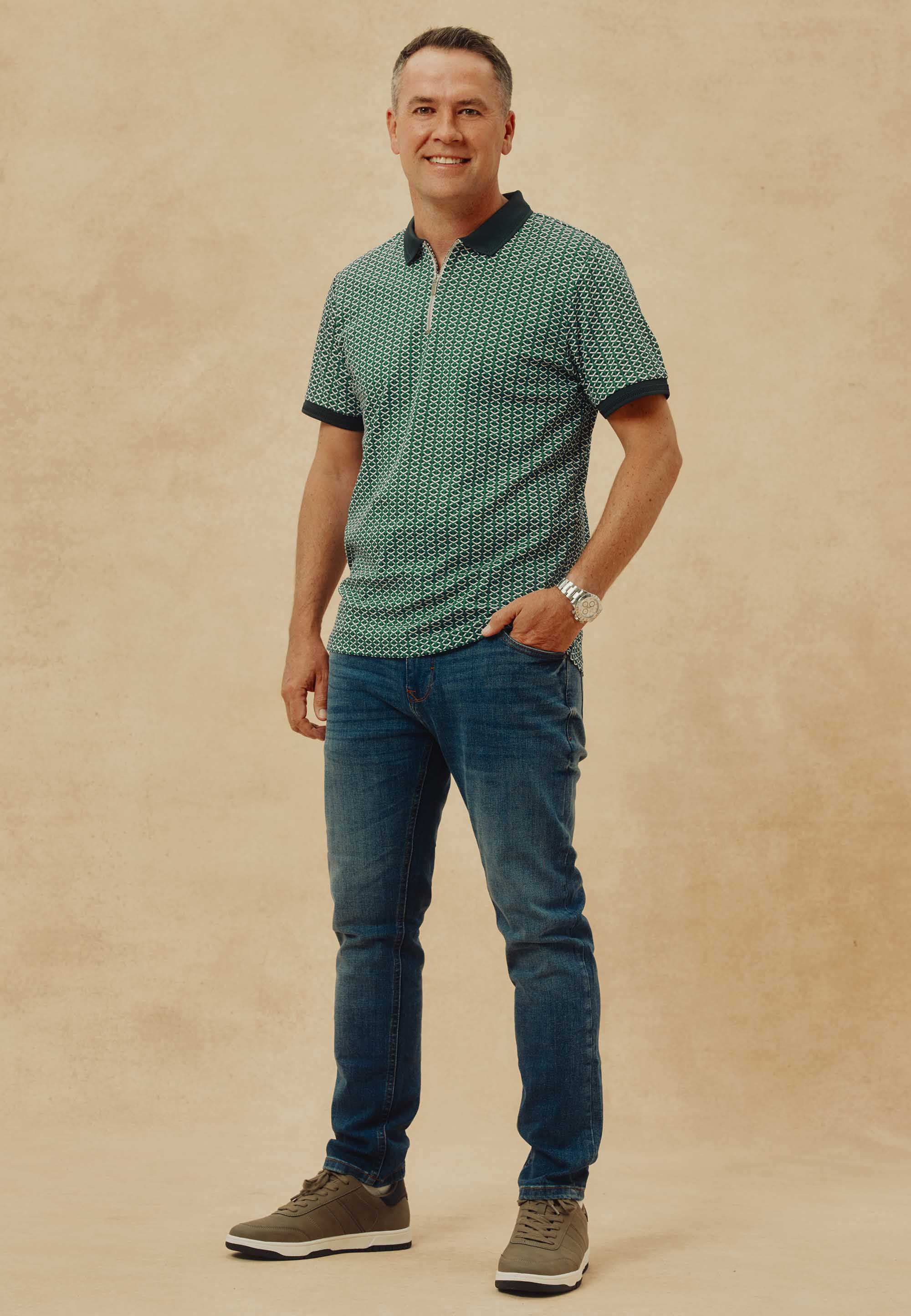 Mens Teal Geo Print Quarter Zip Polo Shirt
