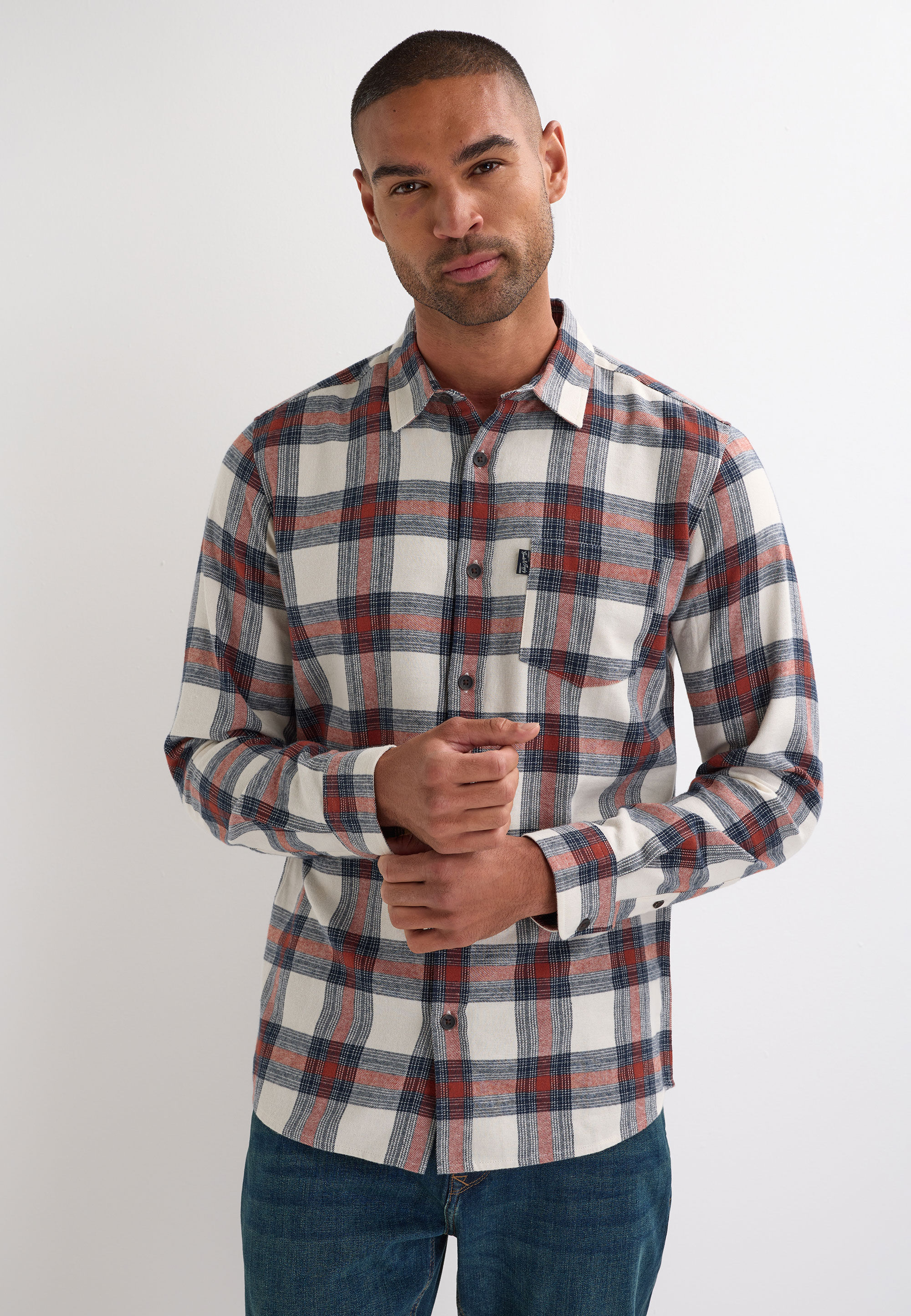 Mens Ecru Check Flannel Long Sleeve Shirt