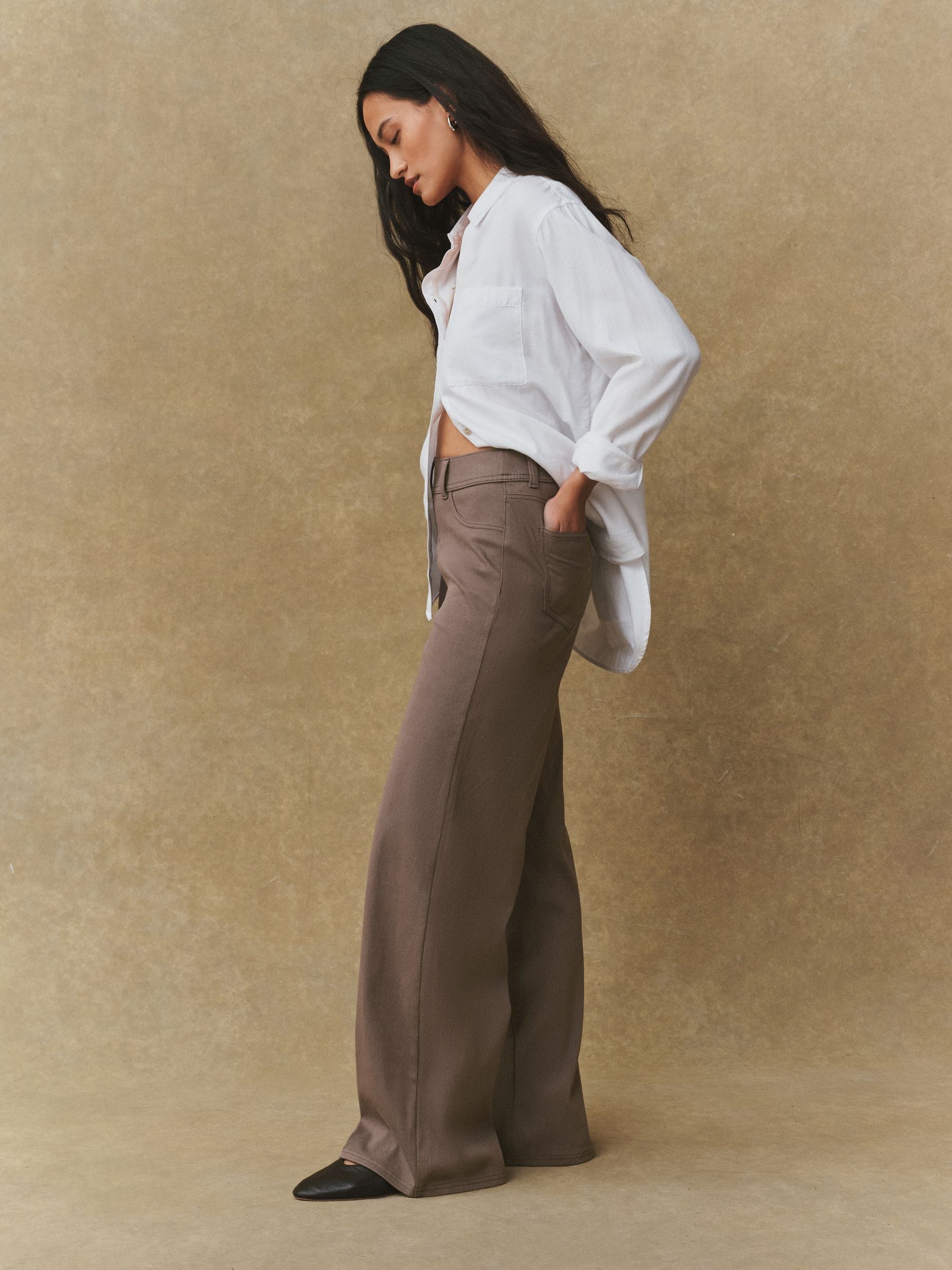 Jersey Denim Wide Leg Trousers - Brown - Regular - SIP Worn