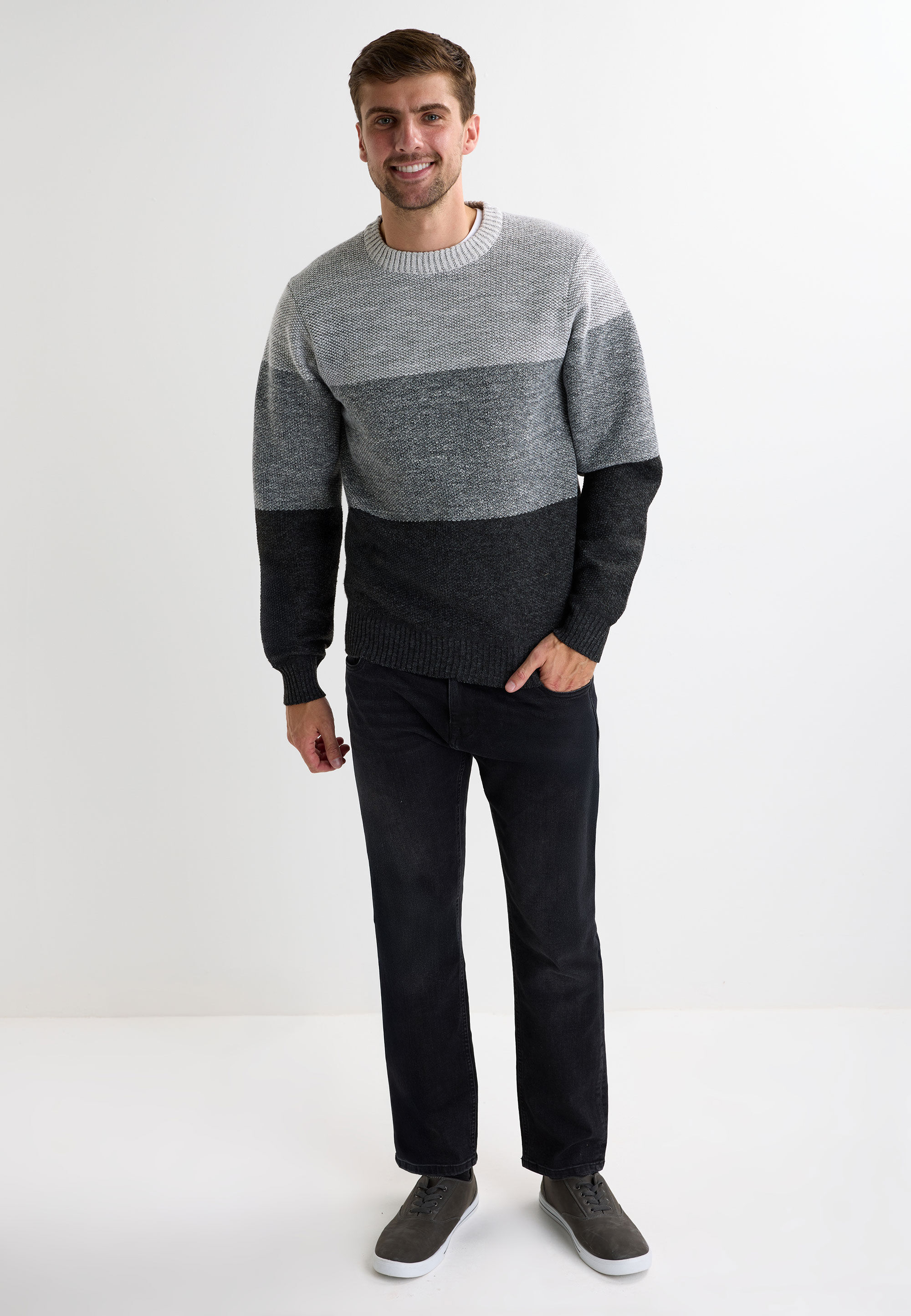 Mens Grey Stripe Colour Block Jumper