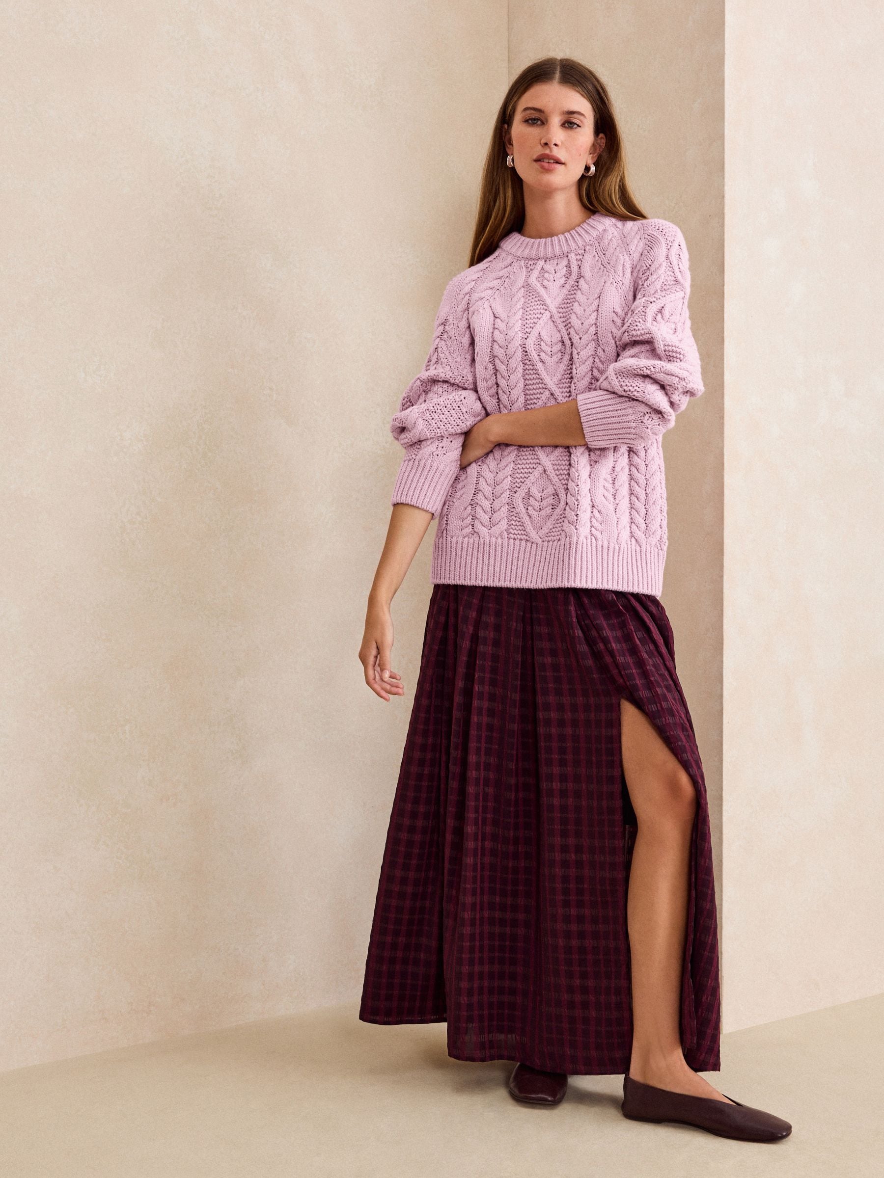 Cable Knit Long Sleeve Crew Neck Jumper - Pink - Regular - Location Worn