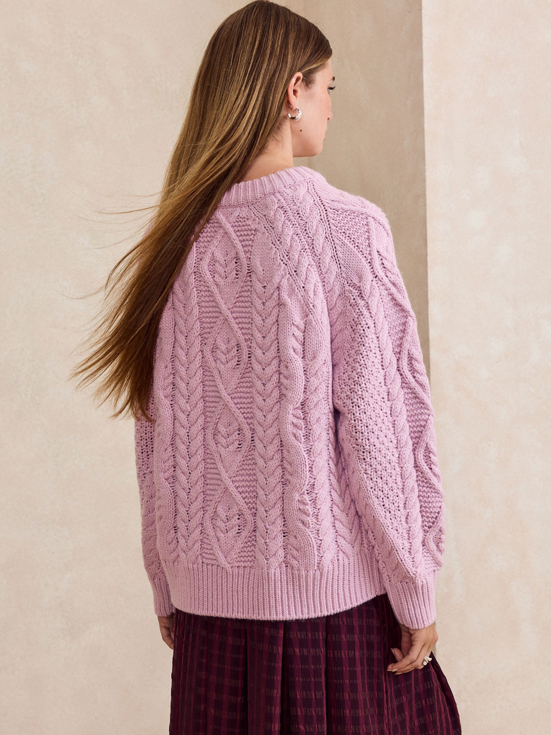 Cable Knit Long Sleeve Crew Neck Jumper - Pink - Regular - Location Worn