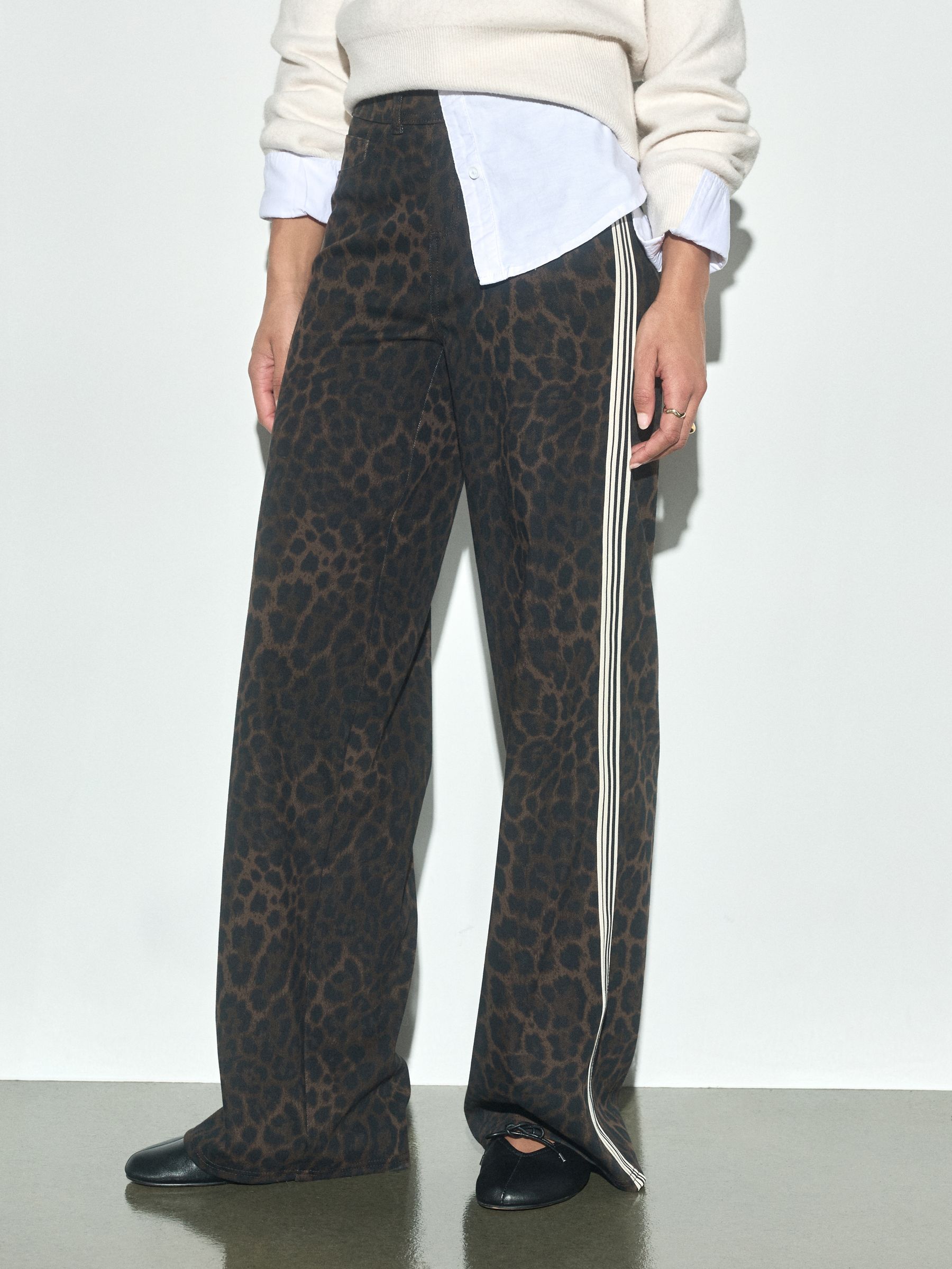 Jersey Denim Wide Leg Trousers - Leopard Side Stripe - Regular - SIP Worn