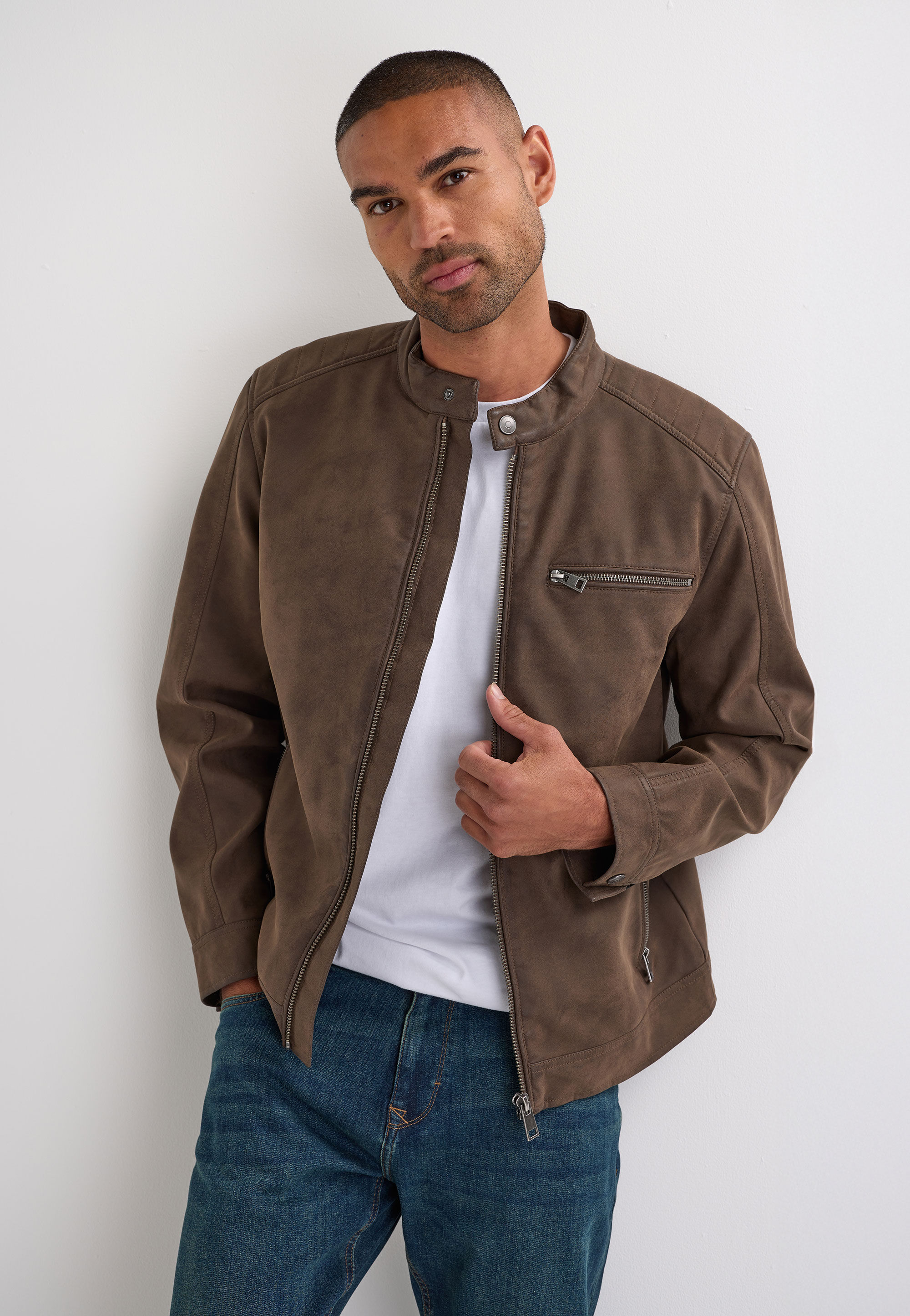 Mens Brown Suedette Biker Jacket