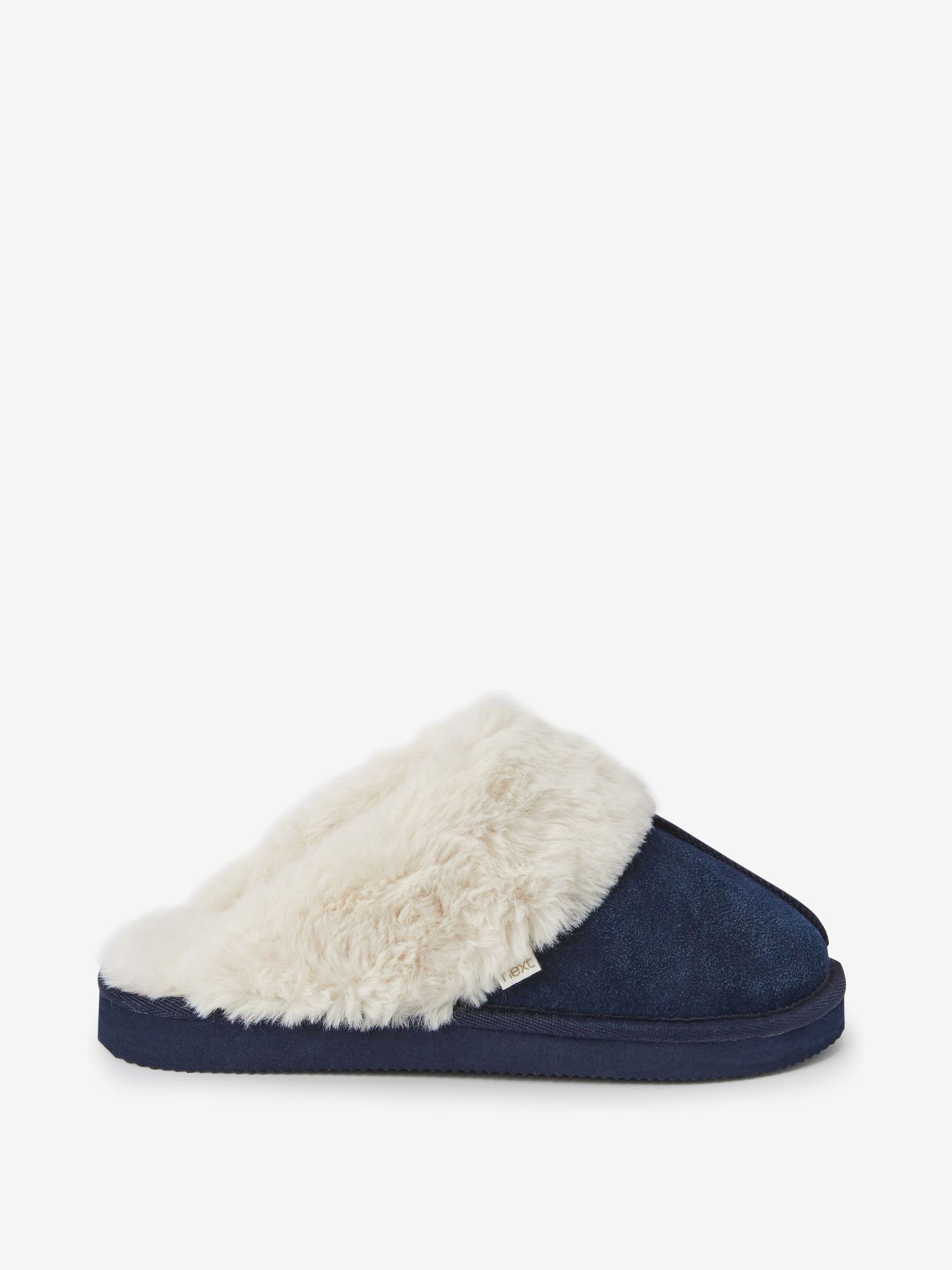 Faux Fur Lined Suede Mule Slippers - Navy - Regular - SIP Still Life