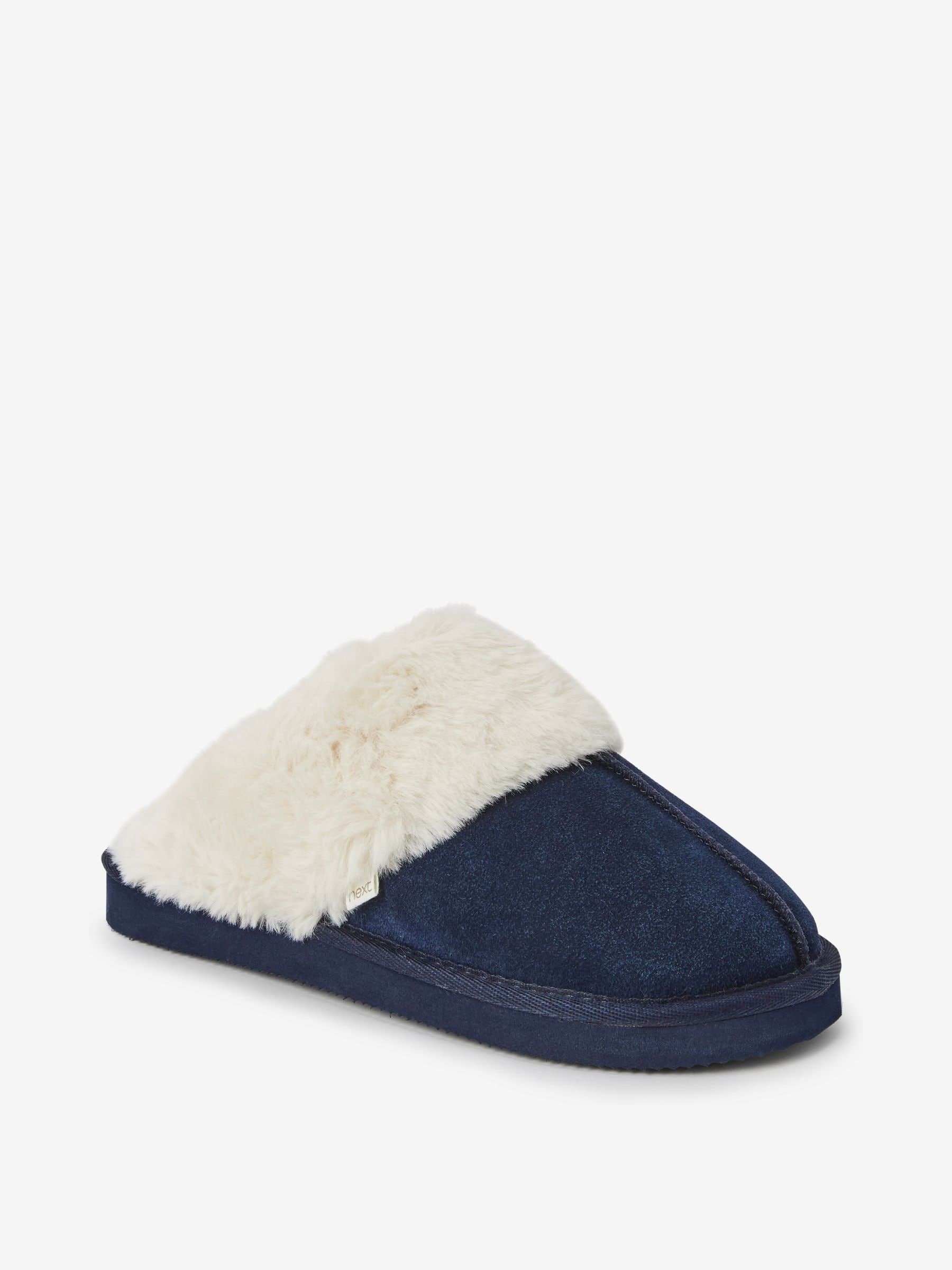 Faux Fur Lined Suede Mule Slippers - Navy - Regular - SIP Still Life