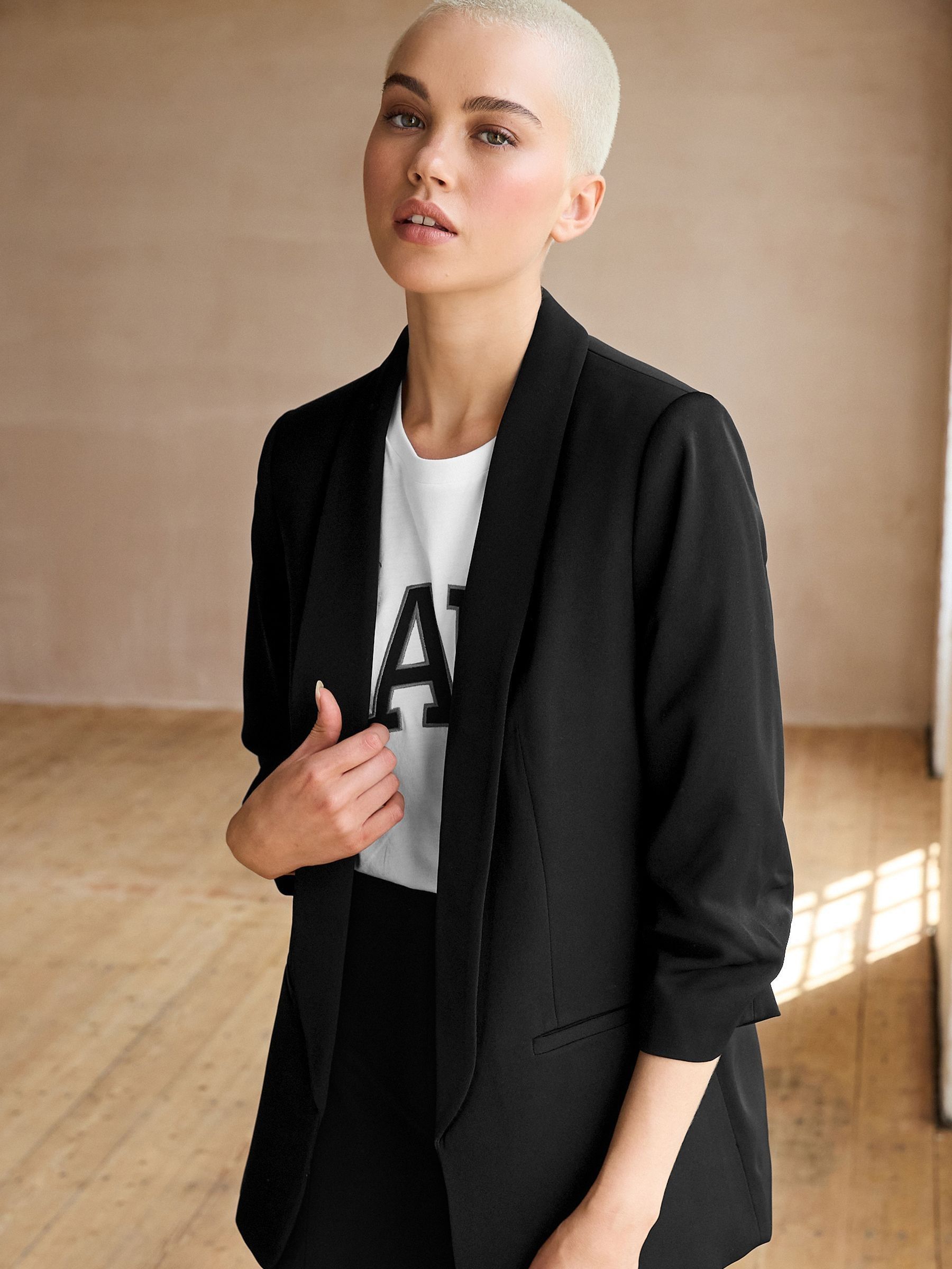 Relaxed Ruched Sleeve Blazer - Black - Petite - Location Worn