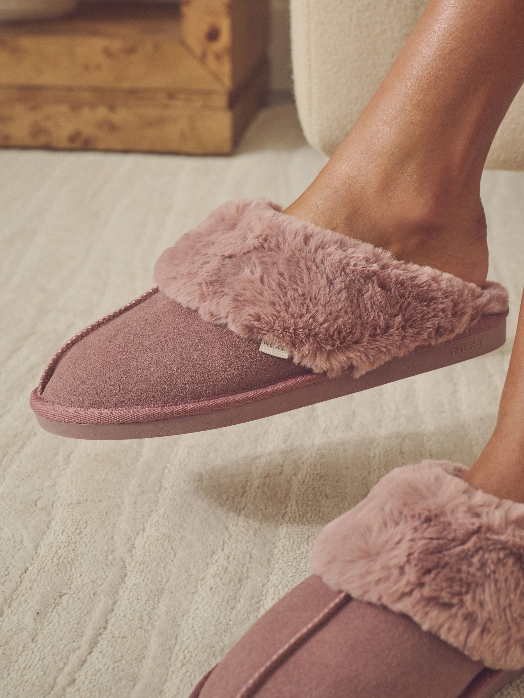 Faux Fur Lined Suede Mule Slippers - Mink Pink - Regular - SIP Worn