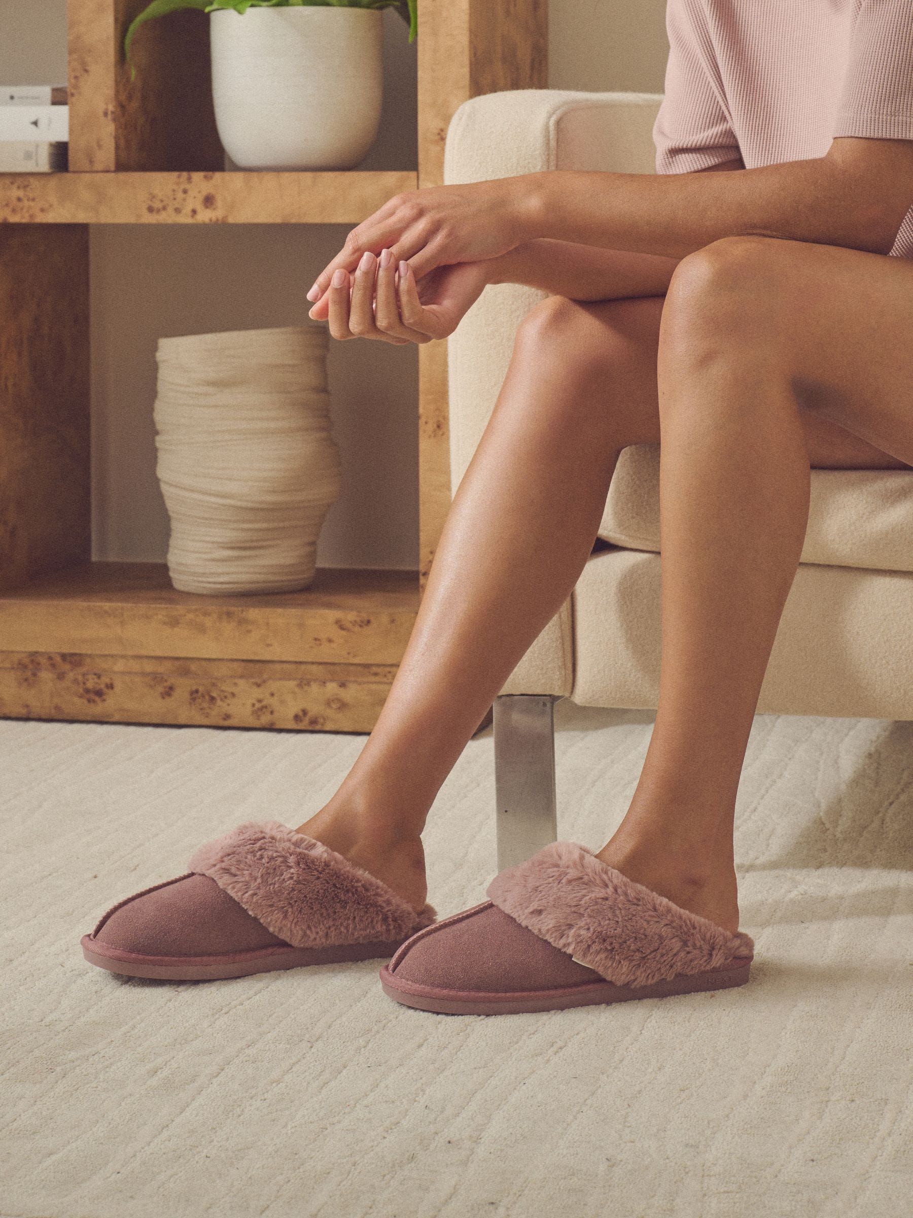 Faux Fur Lined Suede Mule Slippers - Mink Pink - Regular - SIP Worn