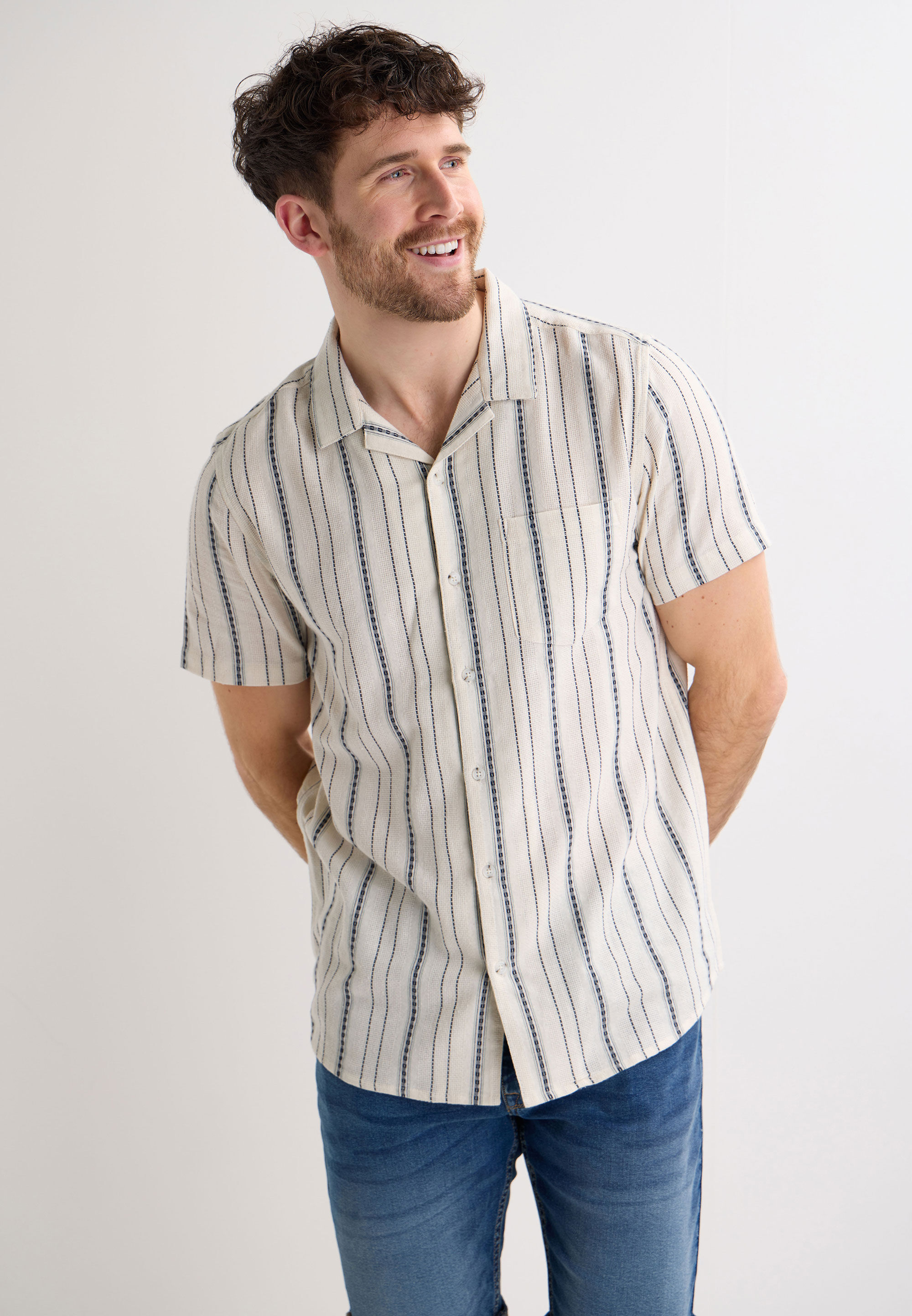 Mens Ecru Stripe Dobby Short Sleeve Shirt