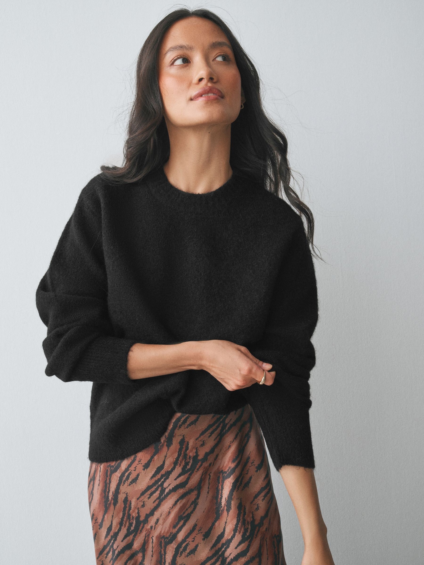 Long Sleeve Crew Neck Knitted Jumper With Wool - Black - Regular - SIP Worn