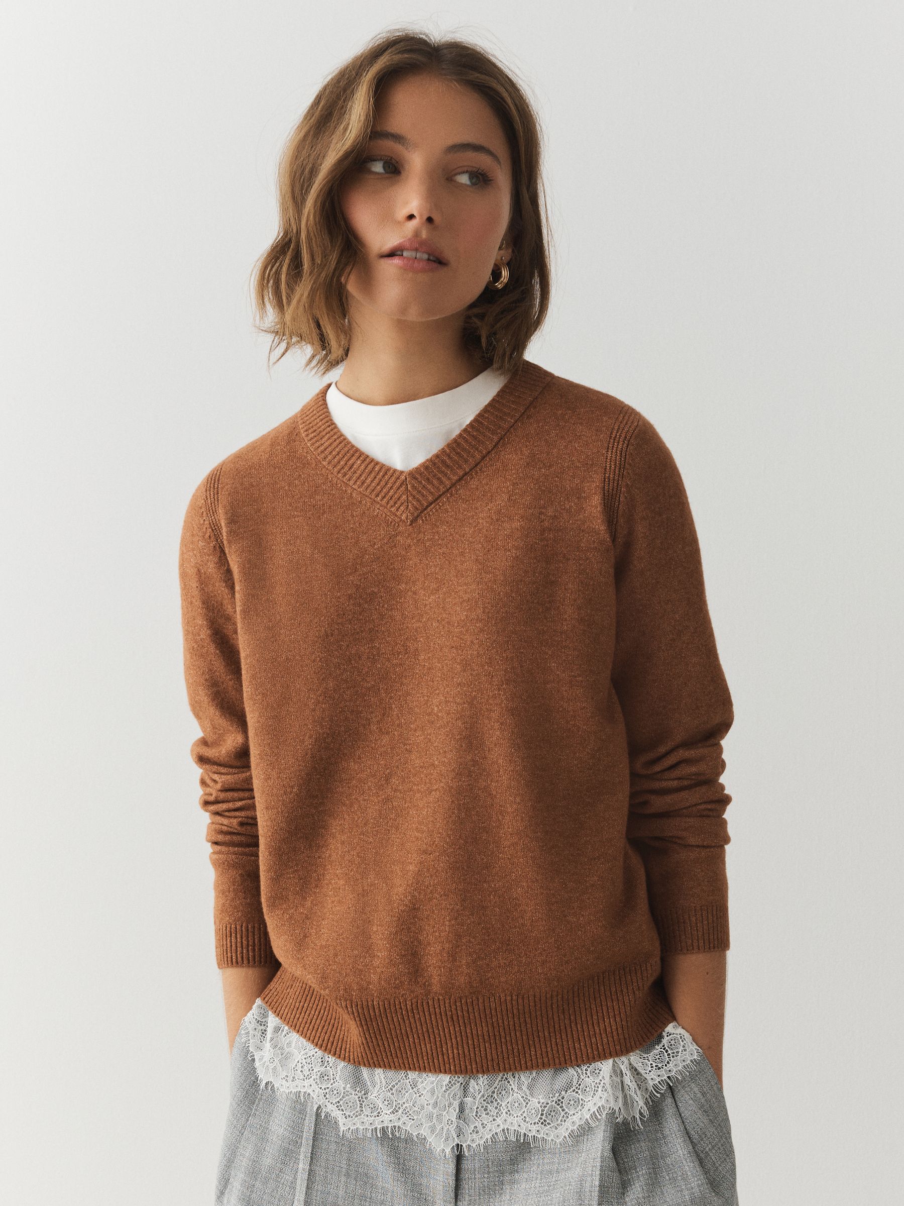 Supersoft V-Neck Long Sleeve Jumper - Brown - Regular - SIP Worn