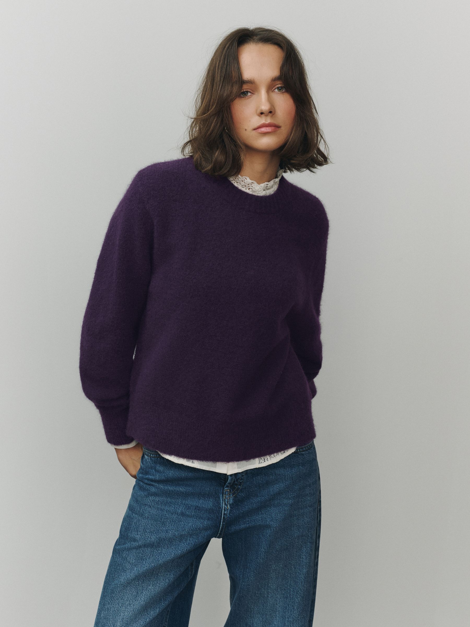 Long Sleeve Crew Neck Knitted Jumper With Wool - Purple - Regular - SIP Worn