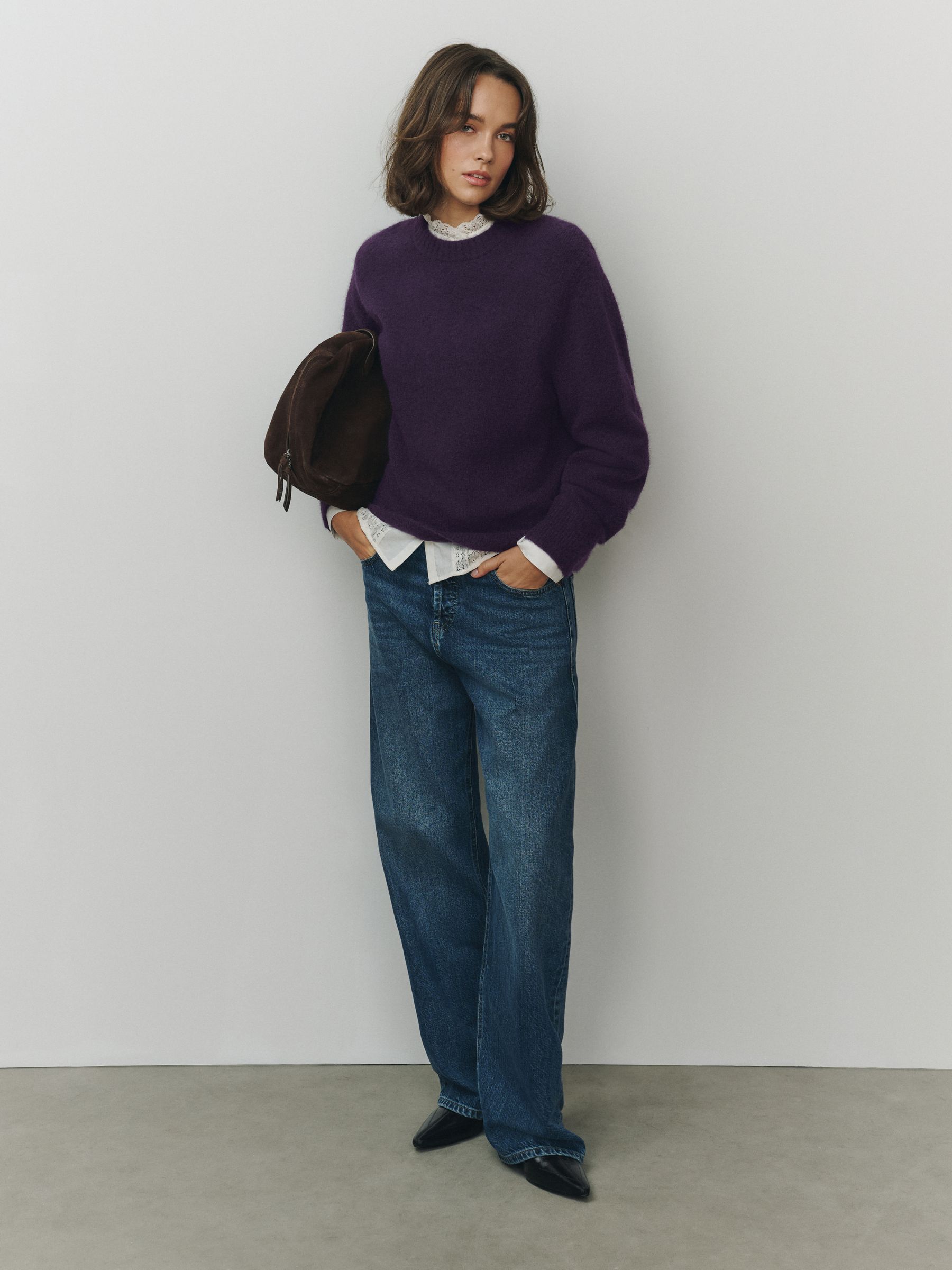 Long Sleeve Crew Neck Knitted Jumper With Wool - Purple - Regular - SIP Worn