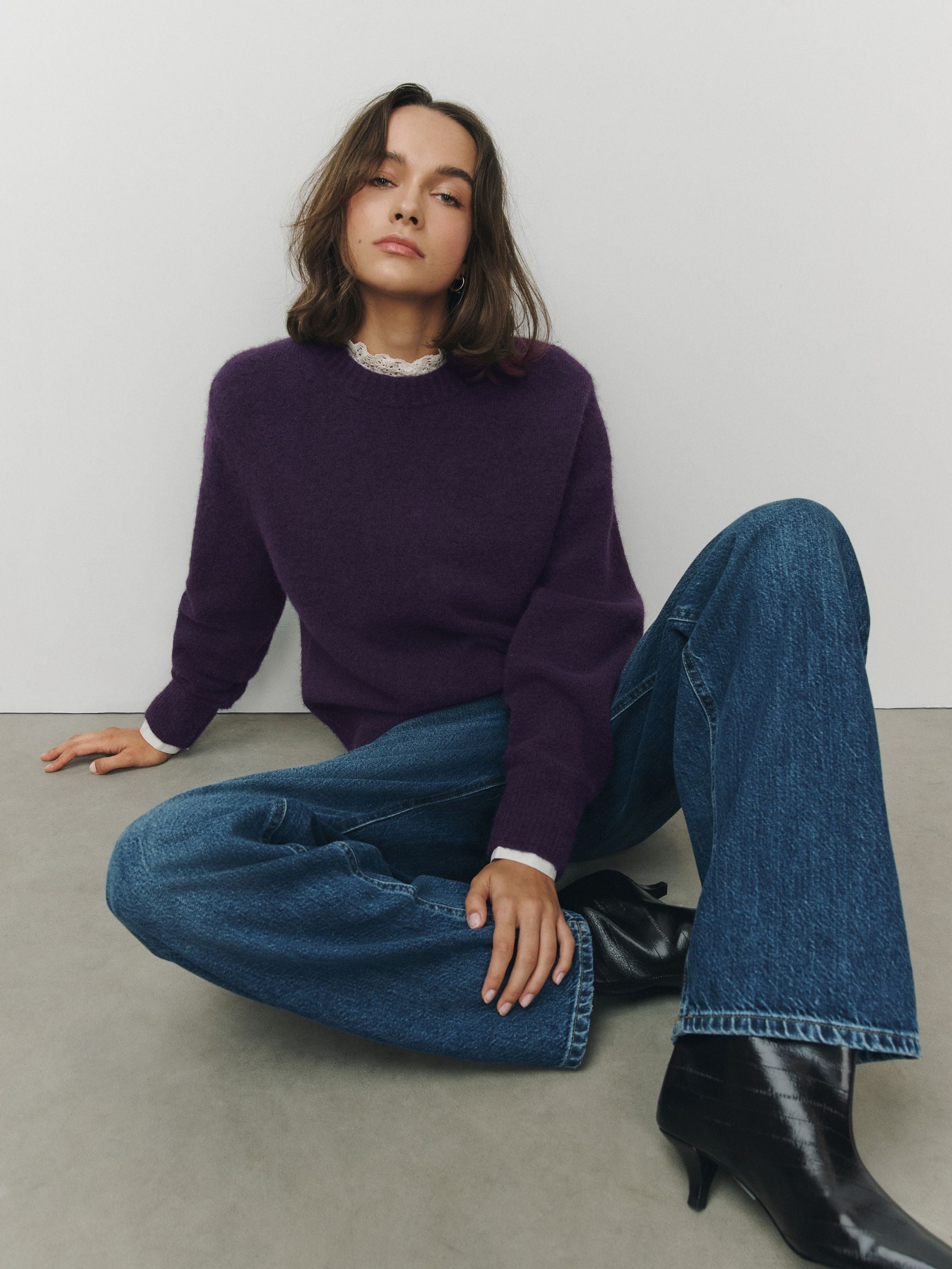 Long Sleeve Crew Neck Knitted Jumper With Wool - Purple - Regular - SIP Worn