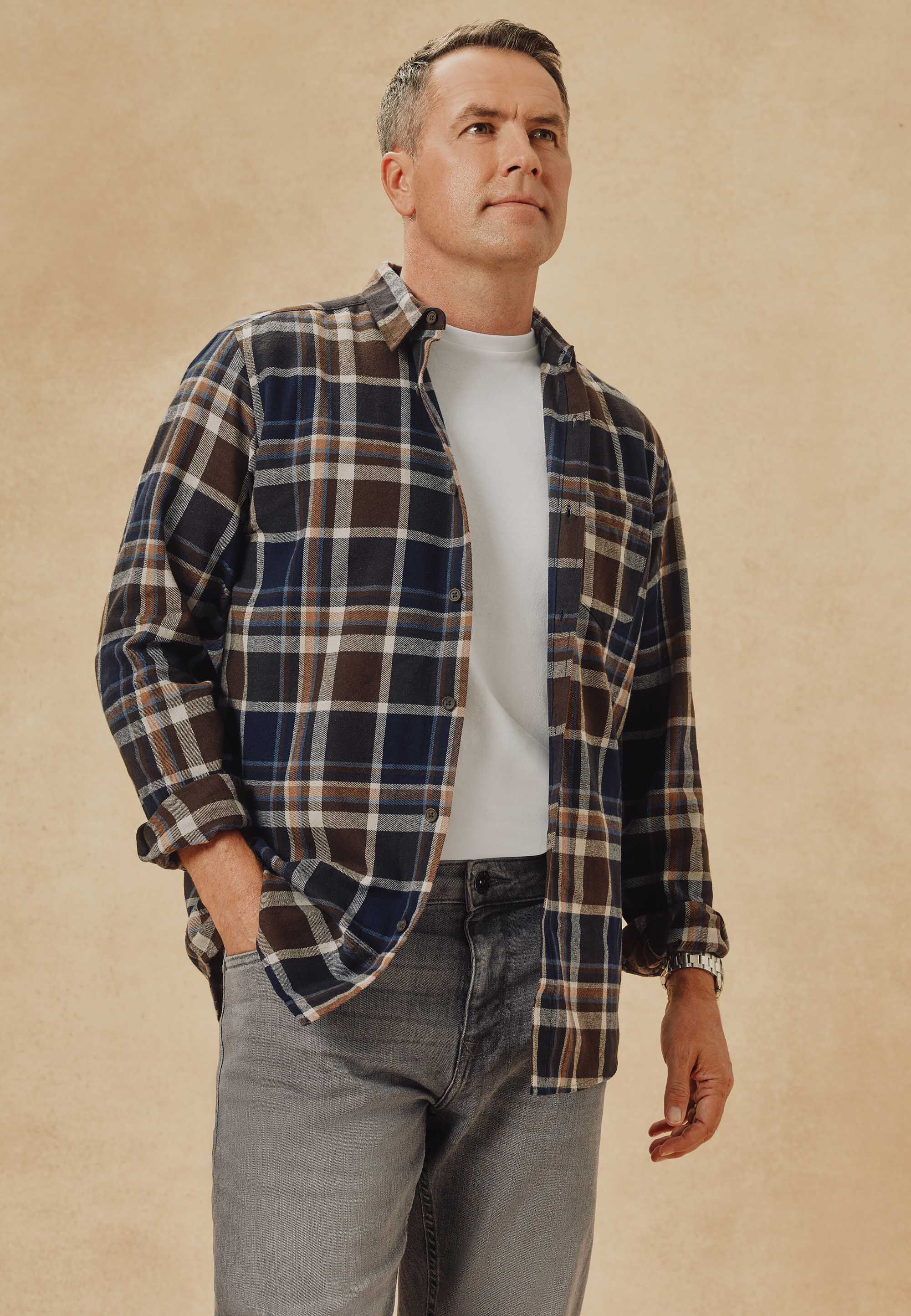 Mens Brown Check Flannel Long Sleeve Shirt