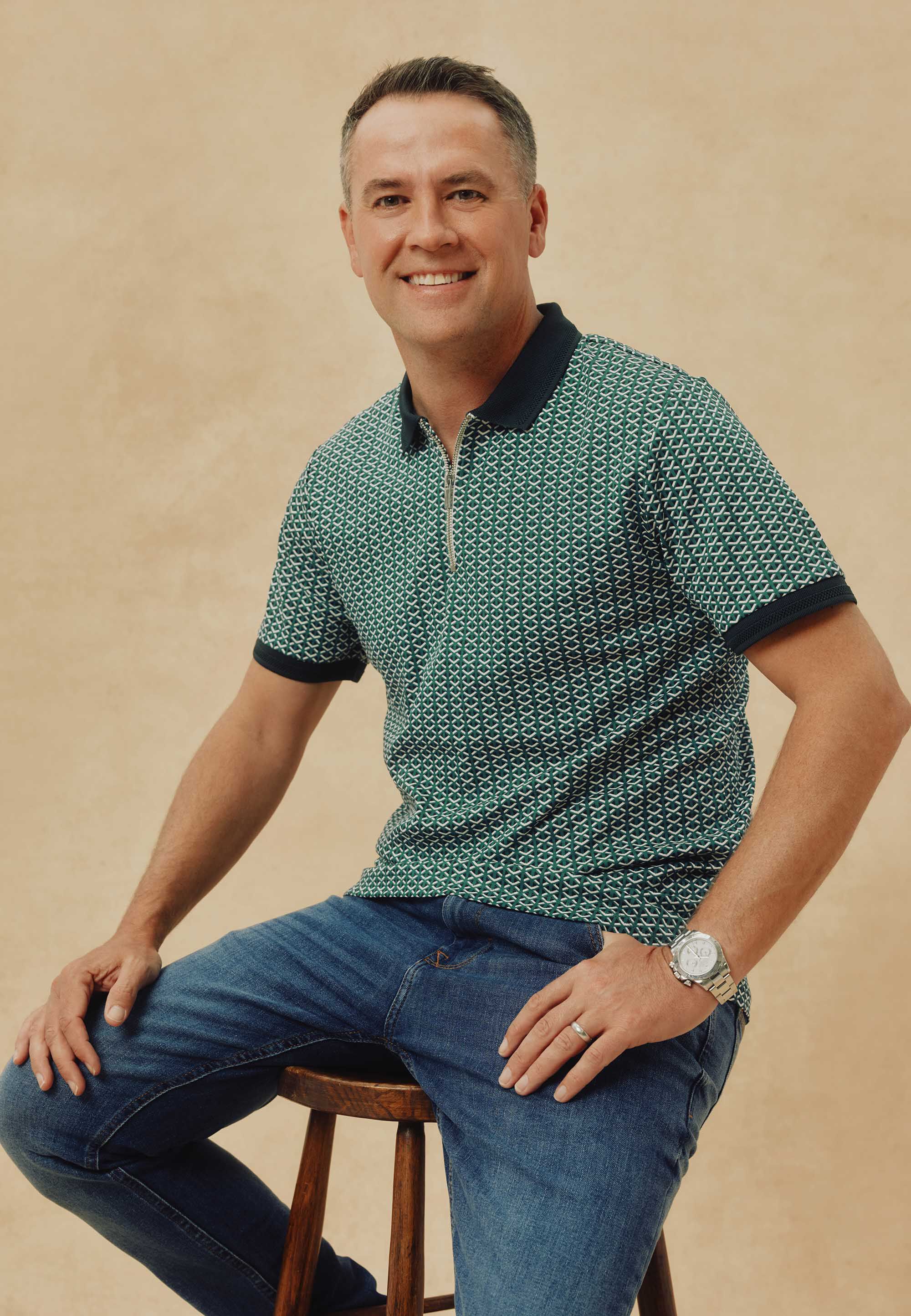 Mens Teal Geo Print Quarter Zip Polo Shirt