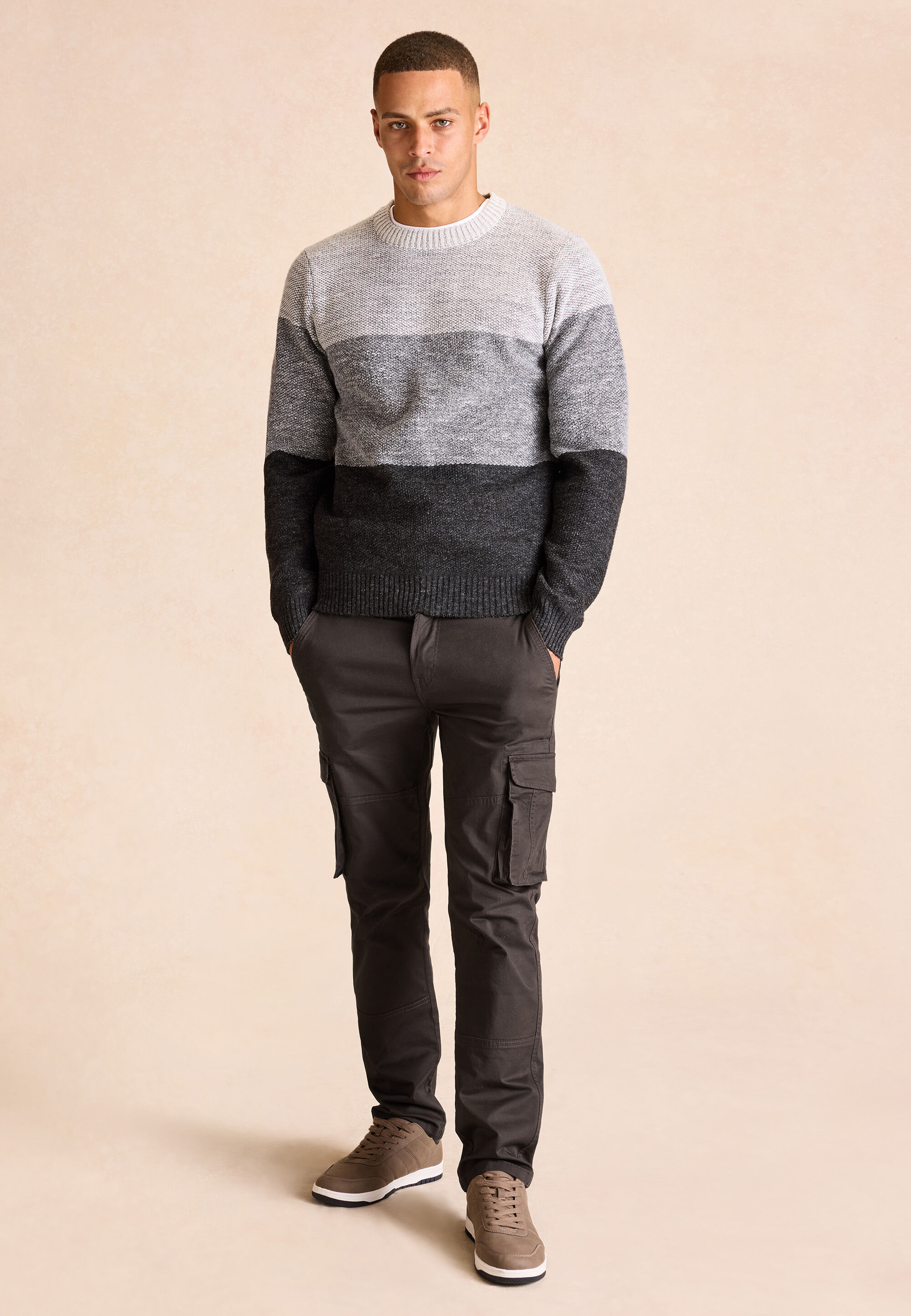 Mens Grey Stripe Colour Block Jumper