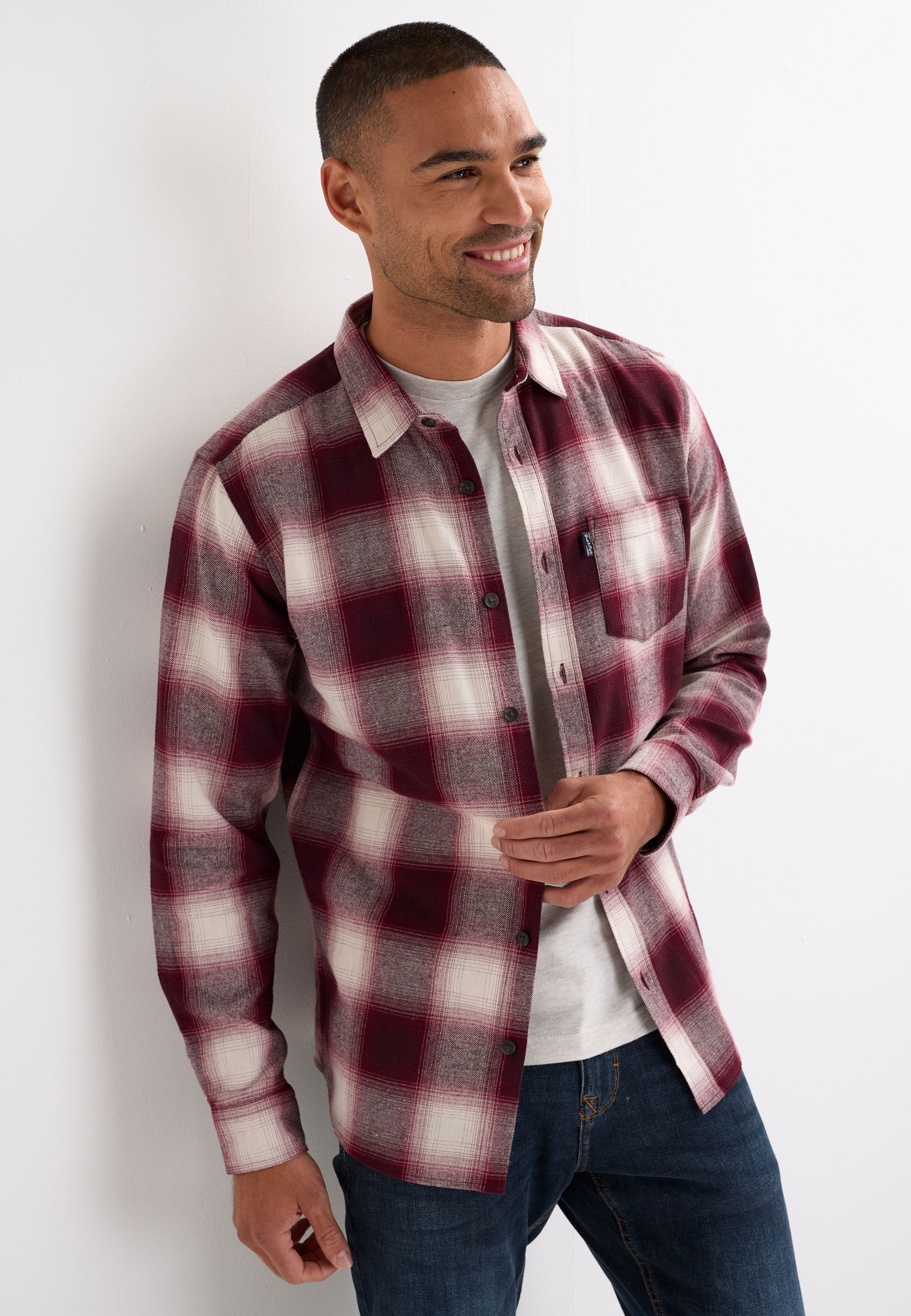 Mens Burgundy Check Flannel Long Sleeve Shirt