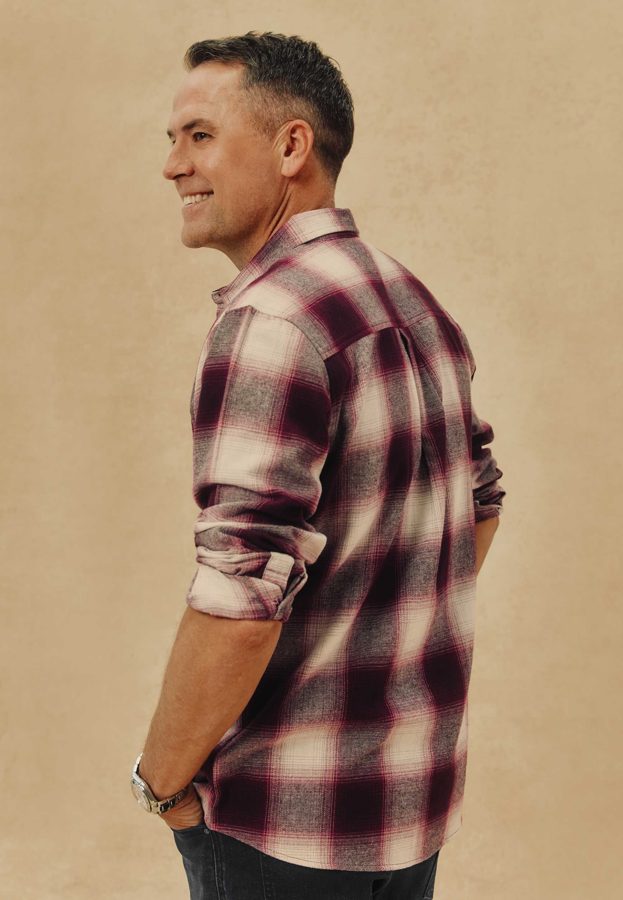 Mens Burgundy Check Flannel Long Sleeve Shirt