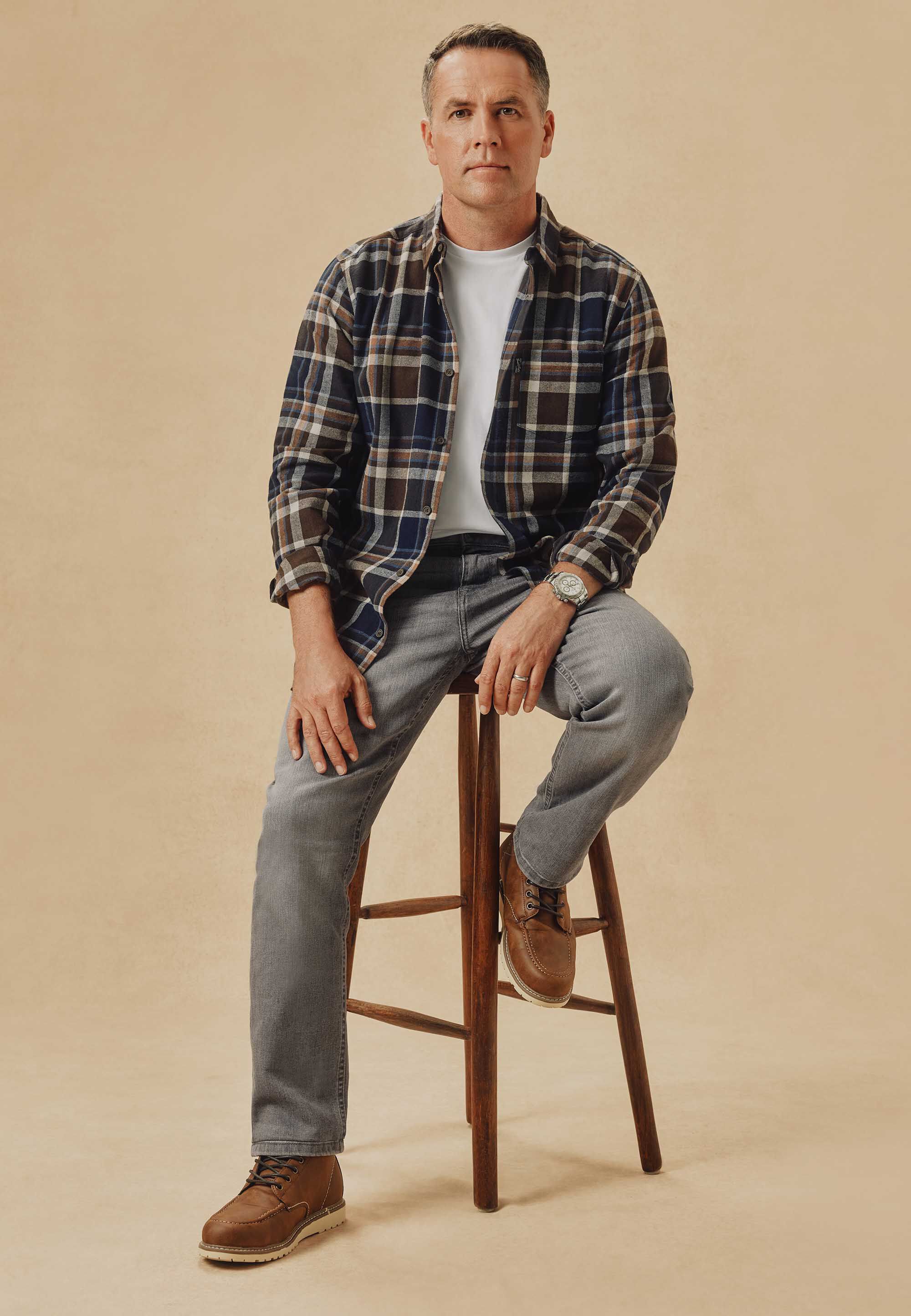 Mens Brown Check Flannel Long Sleeve Shirt