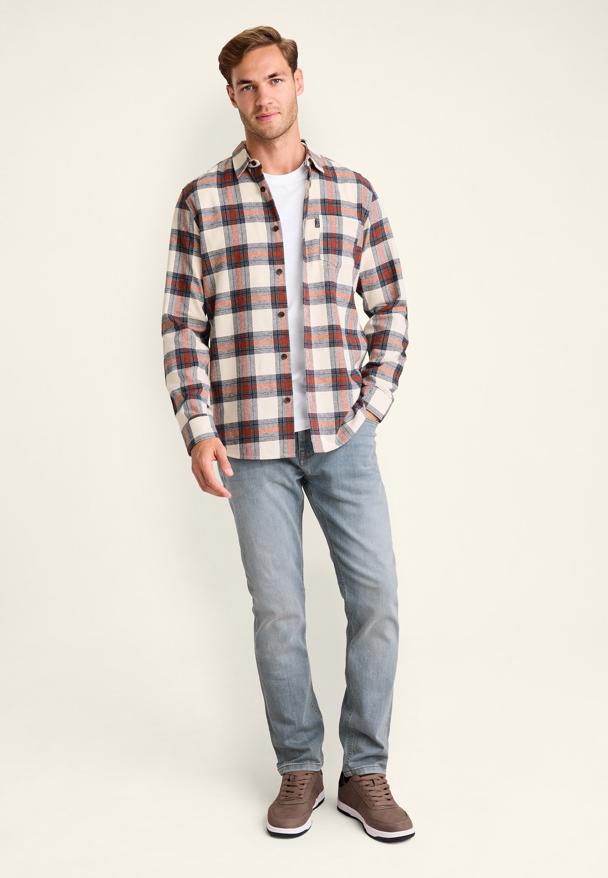 Mens Ecru Check Flannel Long Sleeve Shirt