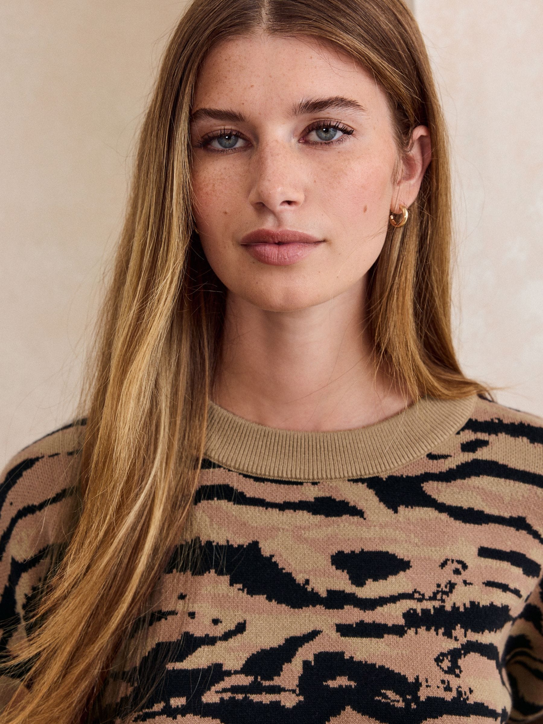 Striped Knit Look Crew Neck Jumper - Brown Tiger Print - Regular - Location Worn
