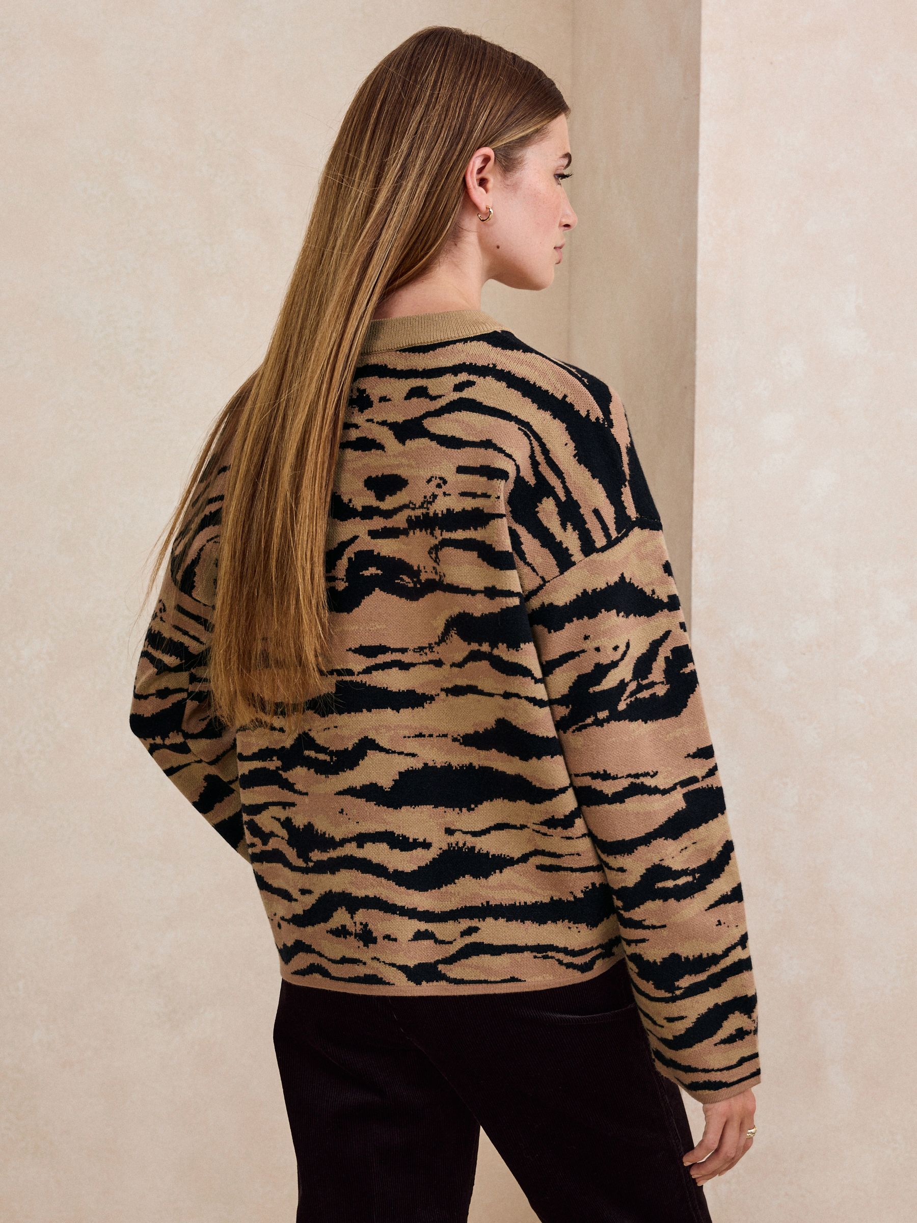 Striped Knit Look Crew Neck Jumper - Brown Tiger Print - Regular - Location Worn