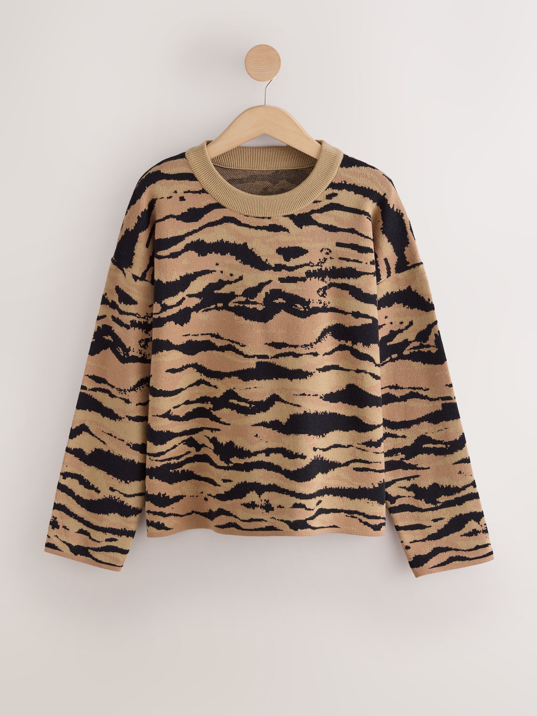 Striped Knit Look Crew Neck Jumper - Brown Tiger Print - Regular - SIP Still Life