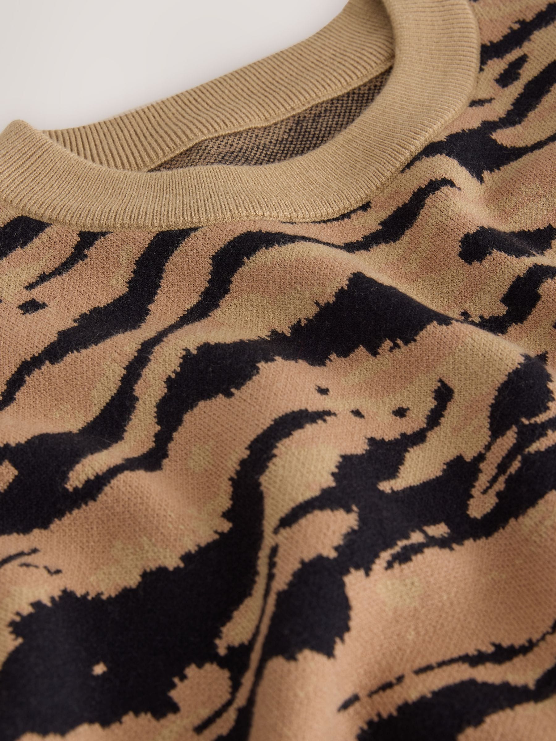 Striped Knit Look Crew Neck Jumper - Brown Tiger Print - Regular - SIP Still Life