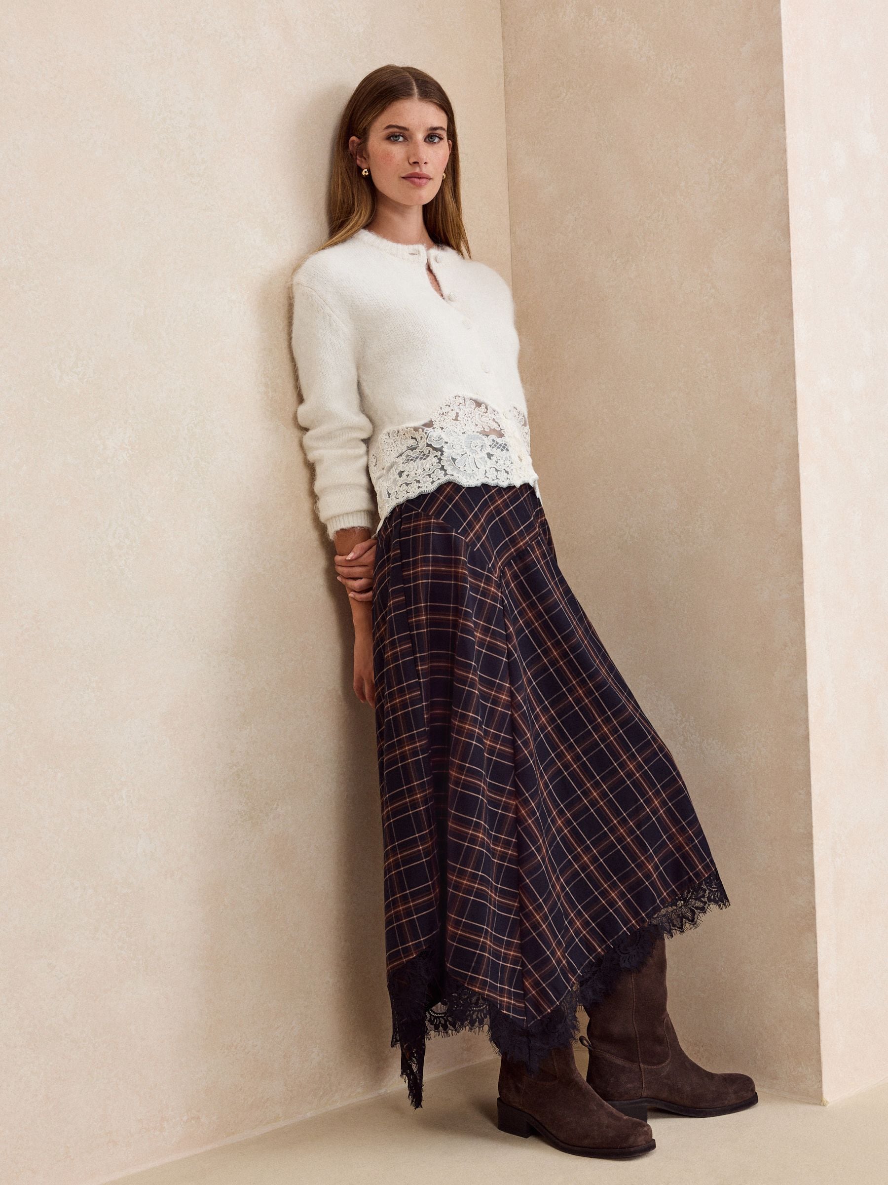 Lace Trim Long Sleeve Knit Cardigan - Ecru White - Regular - Location Worn