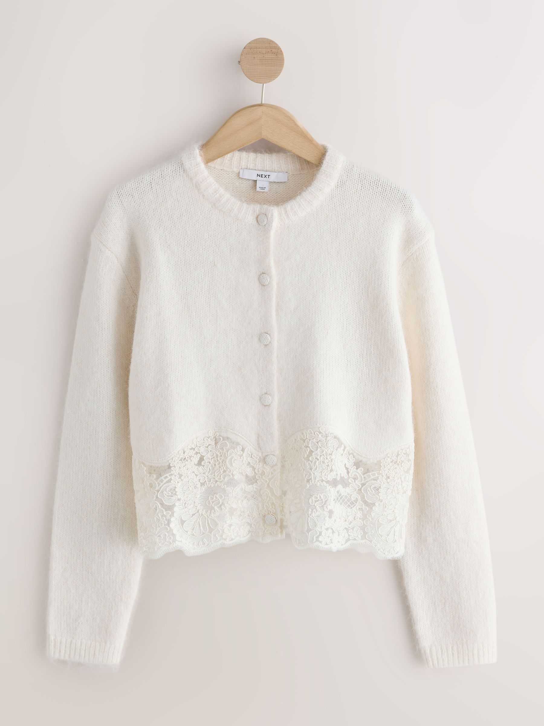 Lace Trim Long Sleeve Knit Cardigan - Ecru White - Regular - SIP Still Life