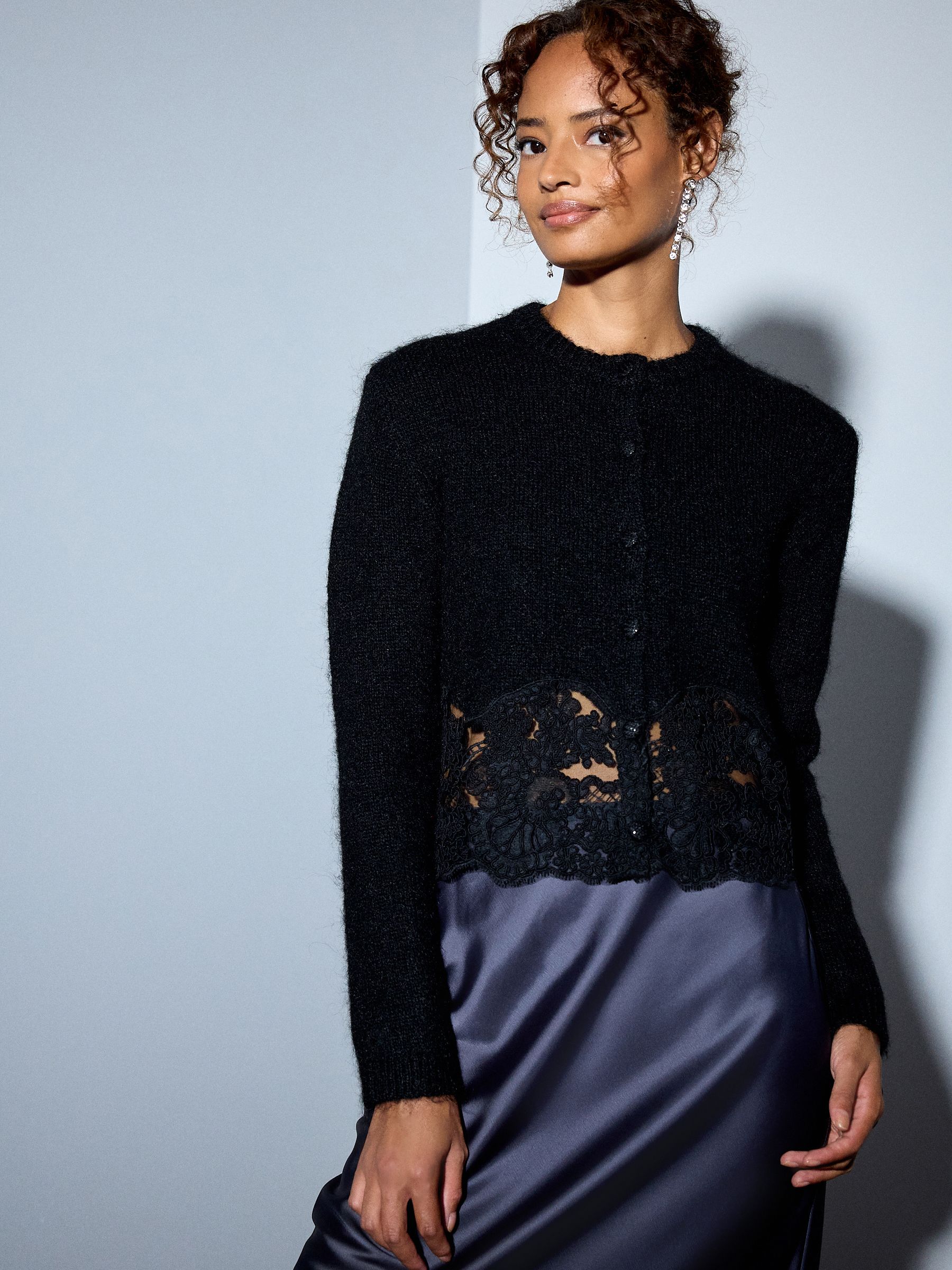 Lace Trim Long Sleeve Knit Cardigan - Black - Regular - Location Worn