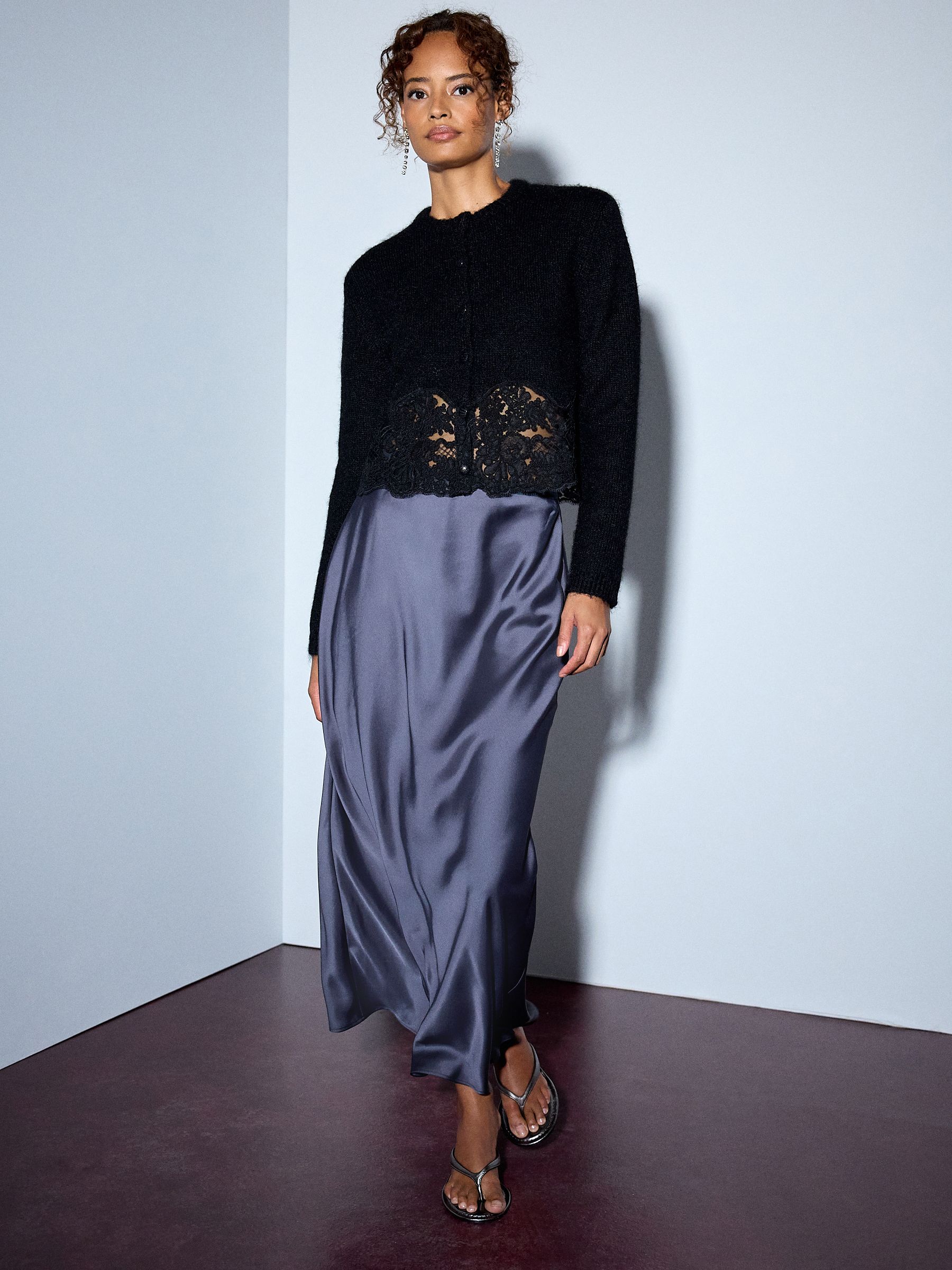 Lace Trim Long Sleeve Knit Cardigan - Black - Regular - Location Worn
